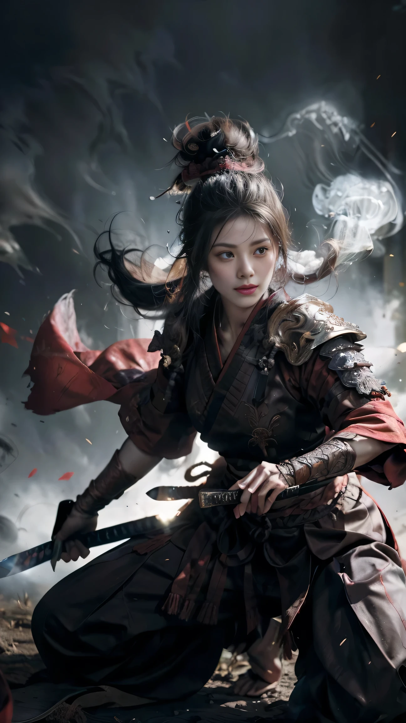 A valiant and heroic - looking Eastern female knight. She is dressed in a red Chinese - style martial artist's outfit with black straps and armor details. Her hair is tied up high and adorned with black hair ornaments. She holds a sharp sword in her hand, and her posture is vigorous as if she is performing a fierce sword move. Red streamers are fluttering around her. The background is dark, creating a mysterious and powerful atmosphere. The picture features high - detail, high - resolution, and realistic CG effects.