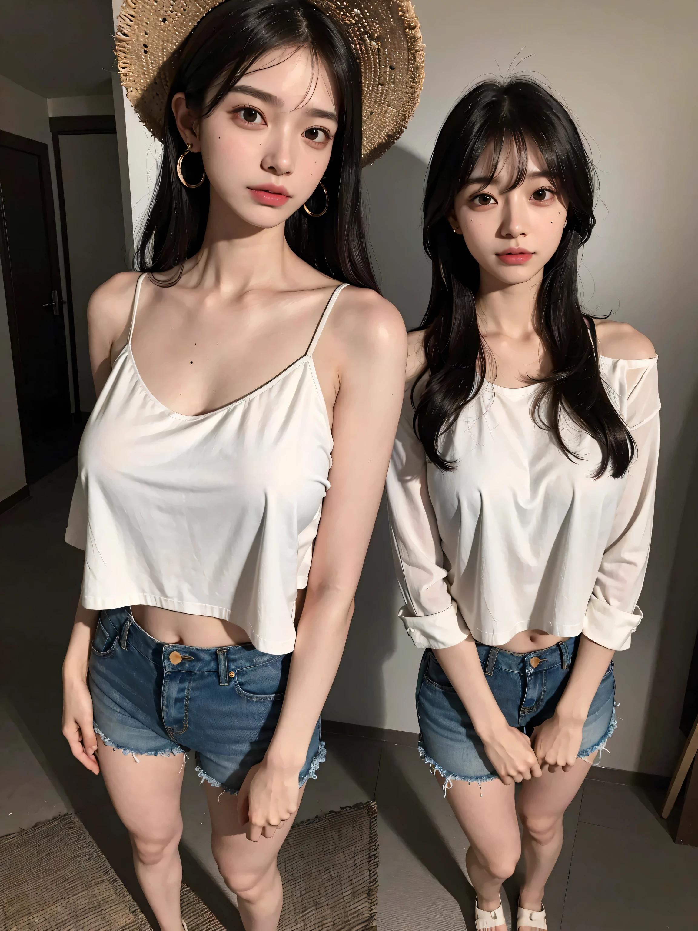 (Best Quality, 8K, masutepiece, Ultra HD: 1.3),japanes、Identical twin sisters who look so much alike that they are indistinguishable、White bare top leaning against wall, sixteen years old、bangss