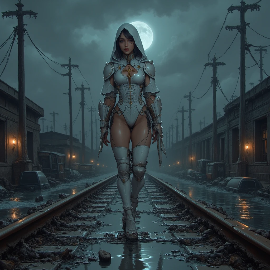 - Main Character, Adult Female "Moldova", Beautiful, tall, long legs, Wearing some accessories. soaking wet condition.
- Wearing a costume ("Full Sexy Armor").
Chest and Thigh Armor are half open.
Futuristic Costume Design.
Wearing a dull hood.
- Sexy and Athletic Body.
Perfect curves, big breasts, flat and slim stomach, wide hips, big buttocks.
- High heels are very detailed, hand guards are very detailed, Armor protects knees and elbows.
Magic circle full of magic pattern images glowing.
The whole body is covered in Cosmic Energy.
- Costume is dominated by White with a combination of Saffron colors.
- Pose: Standing in the middle of the bridge looking at the sky.
Big Bridge, Burnt Damaged Vehicles, big river, quiet and silent.
Night, Moonlight, Drizzle, Mystical fog.
"FANTASY"