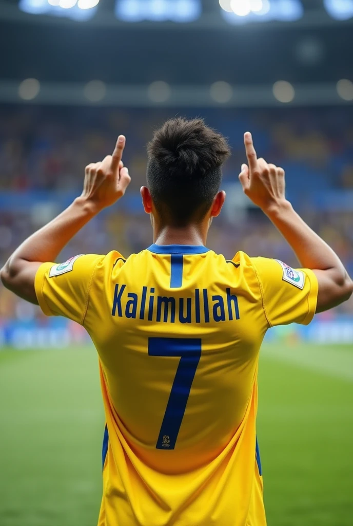 vertical image of a 9-year-old boy with black hair on his back wearing the Colombia national team shirt with the number 10 and the name Thiago in the stadium