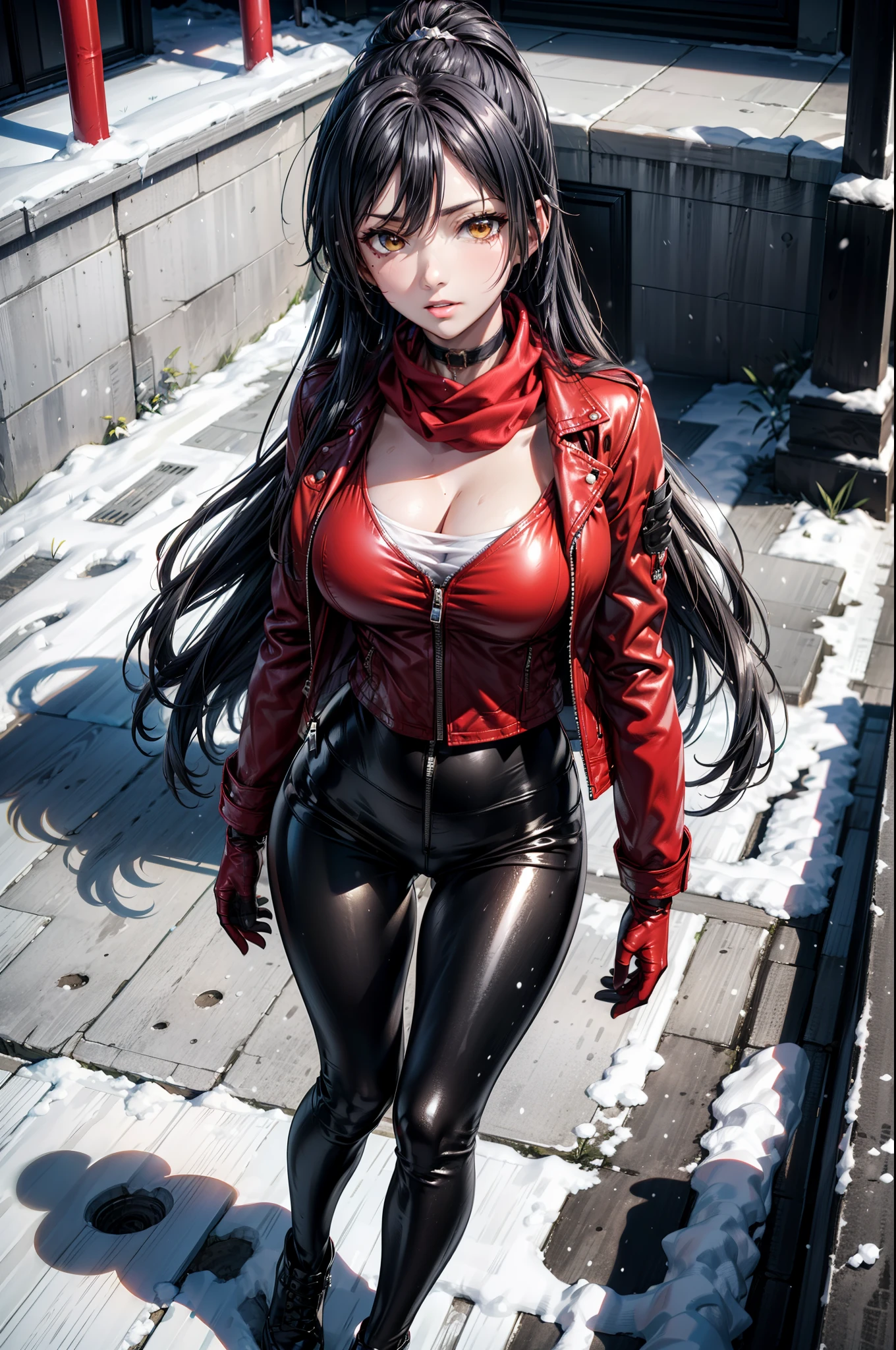 1girl, beautiful girl, Body Length 150 cm, 20 years old, (black hair, Rebel Hairstyle) , (Red eyes), realistic eyes, beautiful and sharp eyes), masculine clothing, Biker clothing, medium breasts, (8k wallpaper), (Street wallpaper) 8k, high quilty, realistic, beautiful realistic, Cool details, raw photo, realistic clothing, black hair, realistic hair, realistic eyes, Light and cool lighting, photo realistic, Cel shaded, Gel lighting, ultra details, ((Riding a bike on the street)), (in the morning)