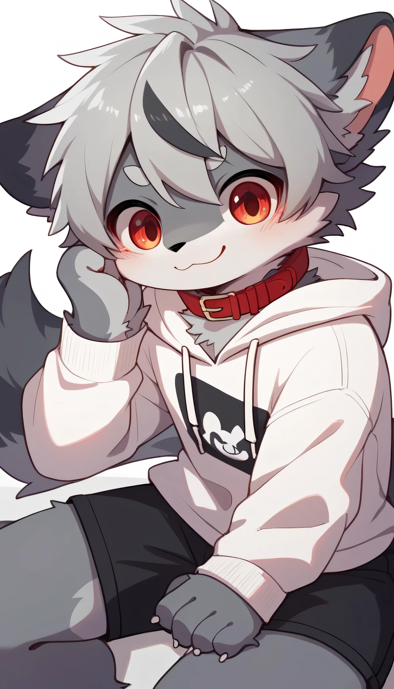 very detailed having fun in great detail,gray hair and gray fur , gray wolf , shemono,Grey Hair,,Participation, red collar on the floor, cute face, fluffy fur ,The three cute furries dance !Horny boy , white background, embarrassed face,wide smile,happy smile cute grey fur fur, estrus, droopy ears, alone, black shorts , sweatshirt , Long Sleeve ,trend,