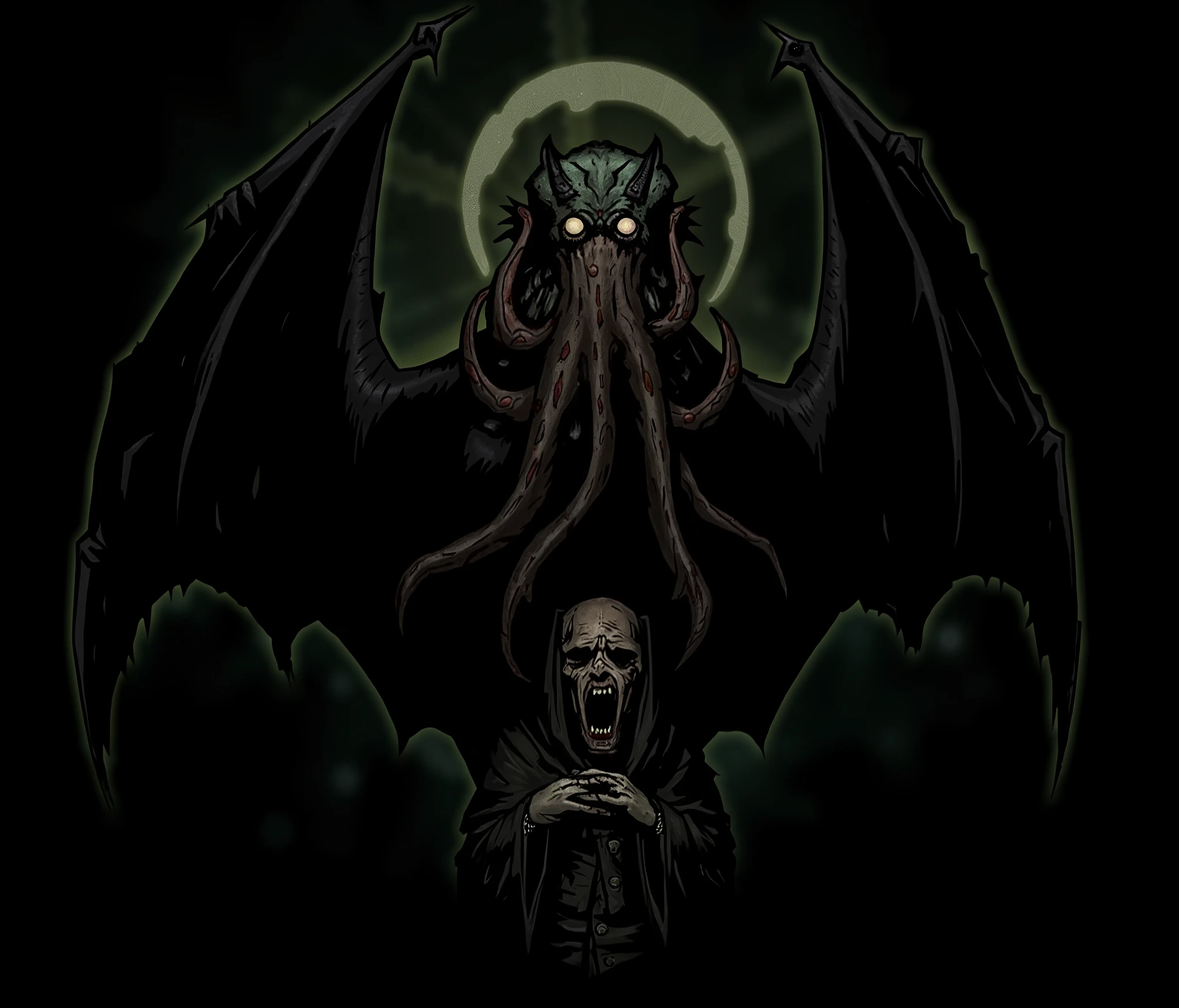 Octopus head demon wings a dark humanoid body above it a phrase saying that this is the cult of Cthulho