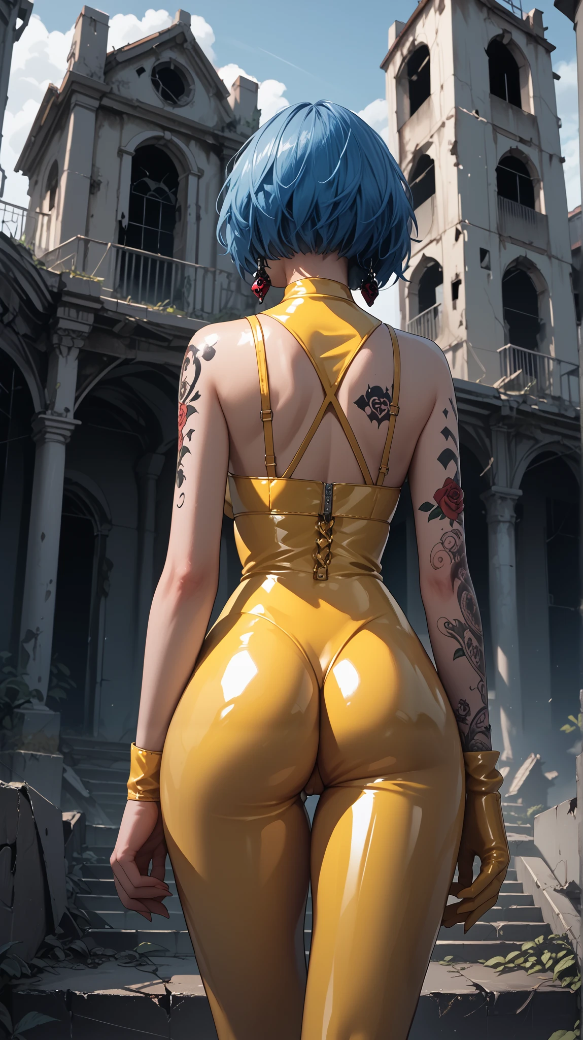 Gothic girl, 19 years old, perfect figure, blue hair, voluminous breasts, perfect body, tattoos on her face and piercings, standing (rear view), dressed in a sexy yellow latex costume, background of an abandoned building