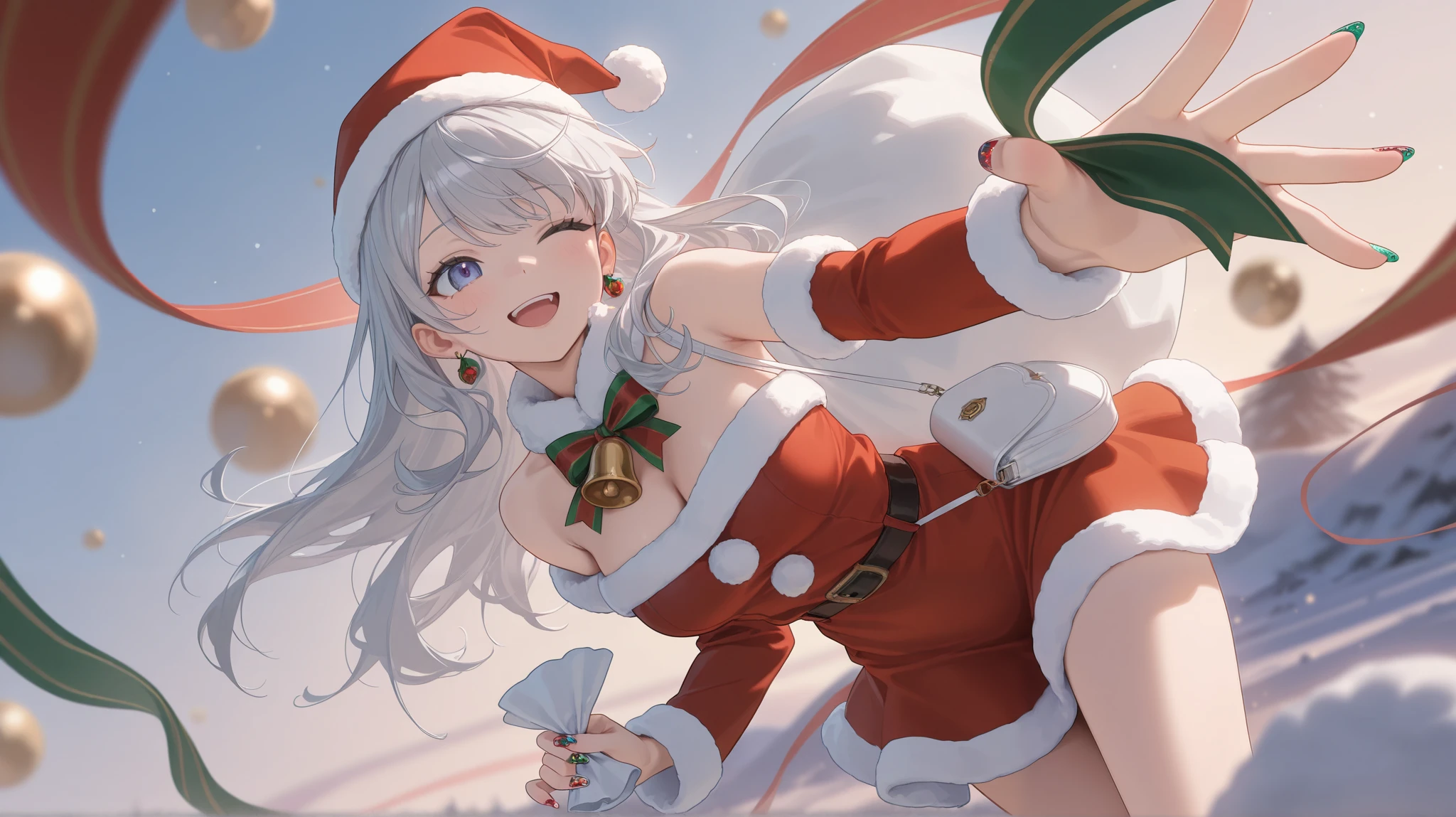 Craft a vibrant celebration where Santa and his sleigh traverse a rainbow sky, leaving behind a trail of fractal patterns while delivering multicolored presents. enormous tits