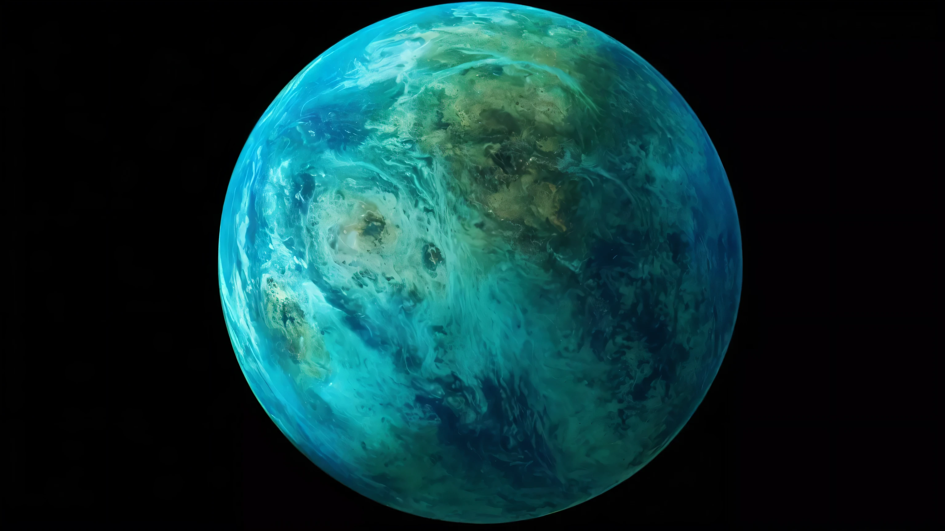 Close-up of a large planet in greenish-blue color. Space is dotted with bright stars. An asteroid ring can be seen around the planet that revolve around forming a dense cluster. Several asteroids are seen close-up in front of the camera. 