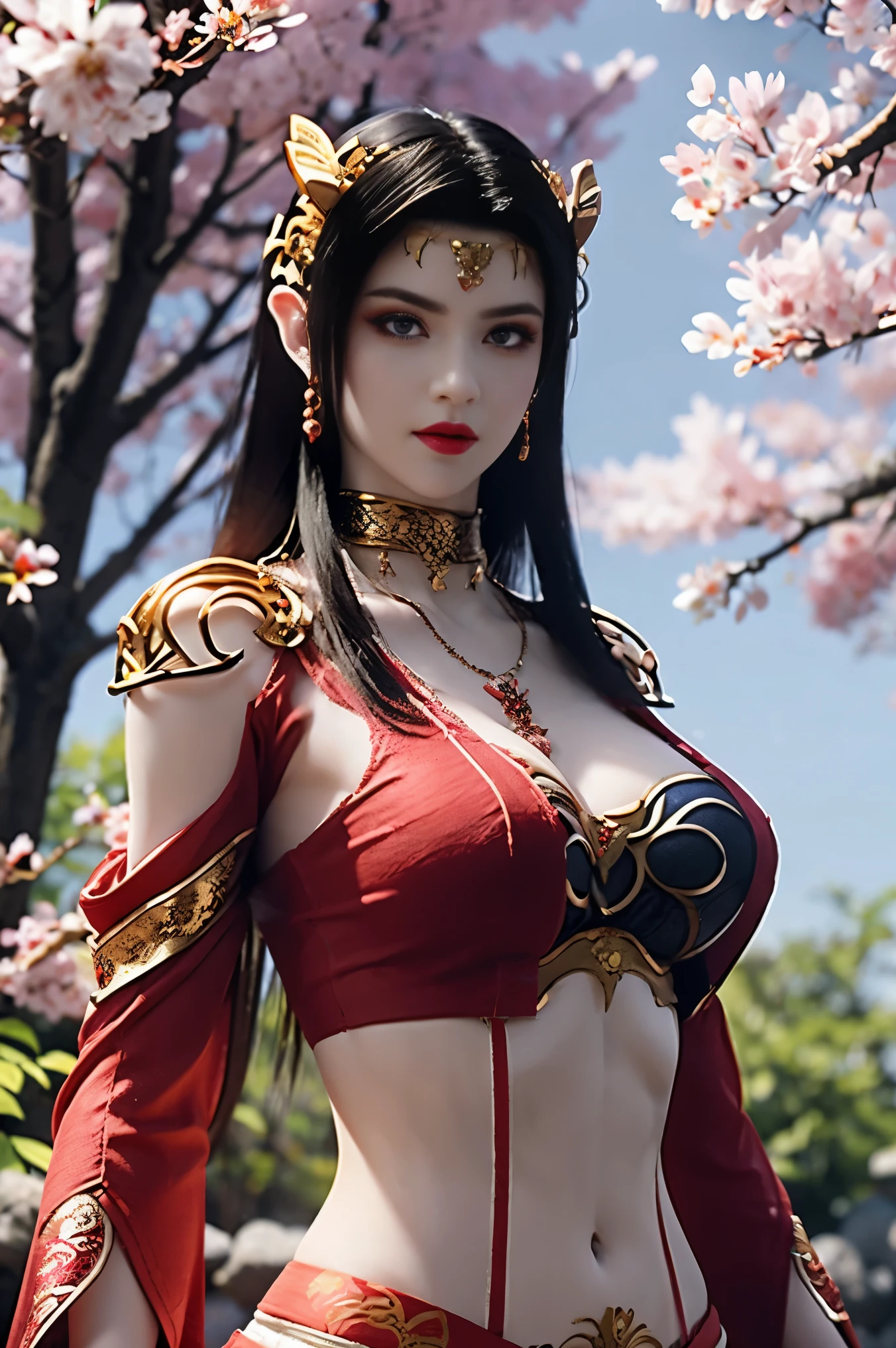 One 20 year old girl, breast 1.1,she wears red Ornamental tube cloth to cover breasts and red Ornamental long sleeves at the bottom,bare shoulders, hand in own hair,(mature female),milf, medusa, deep blue eyes, jet black long hairs upto her waist, 8k resolution high quality,background: around the garden surrounded by Sakura trees with fluttering sakura petals, from head to thighs, hourglass figure, bare round shoulders,fully exposed belly(from her tube cloth bra to sleeves),proportional proud body like that of a fit female warrior but slender arms, an ornamental tilak on her forehead,ornamental logo on her temple, ornamental snake crown, ornamental necklace, hair bangs, ornamental bracelet, actual face of model medusa v1, same ornamental clothes of Medusa (tube cloth and sleeves), unstrapped tube cloth bra,Bright lightening under the sun.
