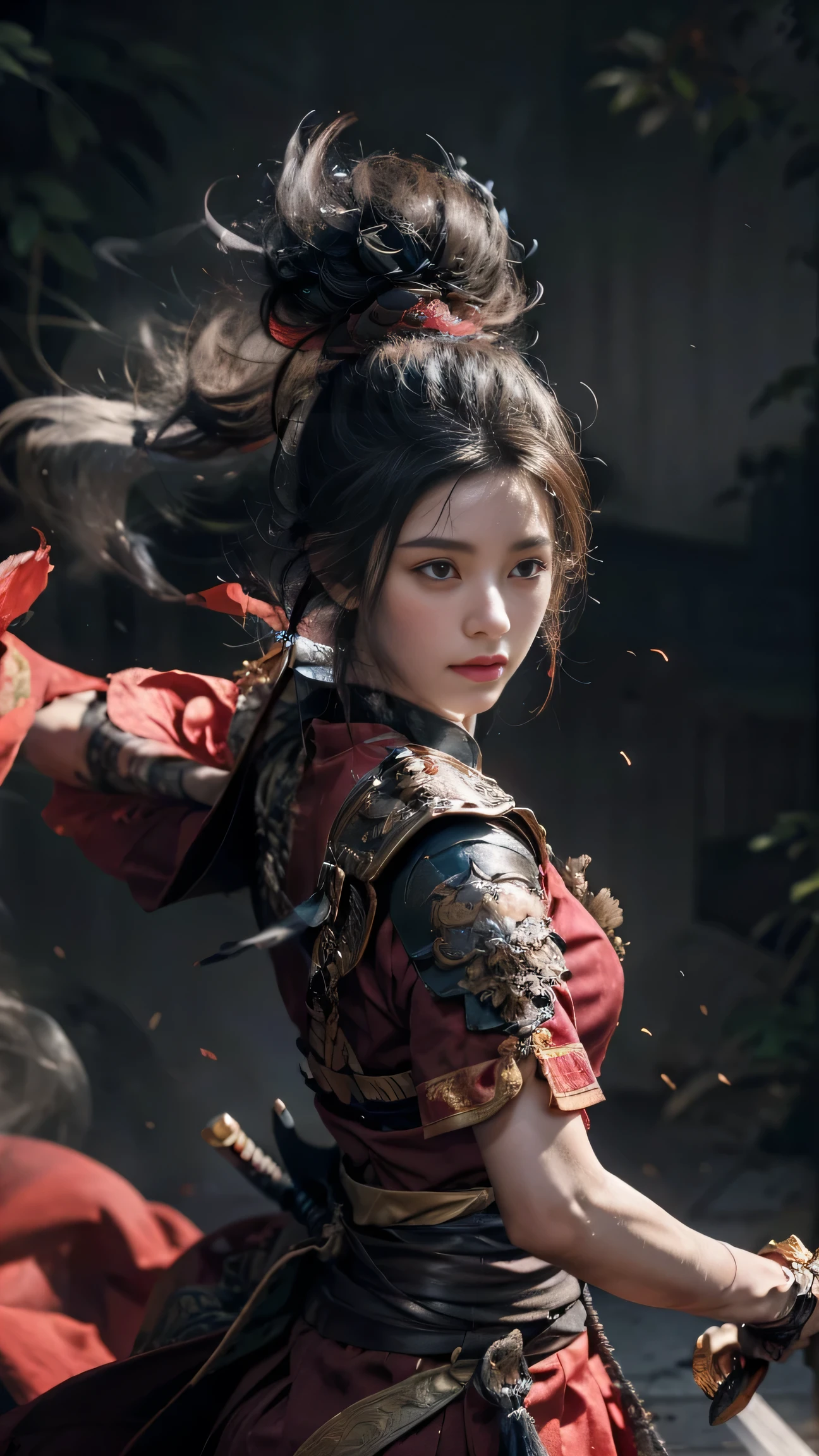 A valiant and heroic - looking Eastern female knight. She is dressed in a red Chinese - style martial artist's outfit with black straps and armor details. Her hair is tied up high and adorned with black hair ornaments. She holds a sharp sword in her hand, and her posture is vigorous as if she is performing a fierce sword move. Red streamers are fluttering around her. The background is dark, creating a mysterious and powerful atmosphere. The picture features high - detail, high - resolution, and realistic CG effects.
