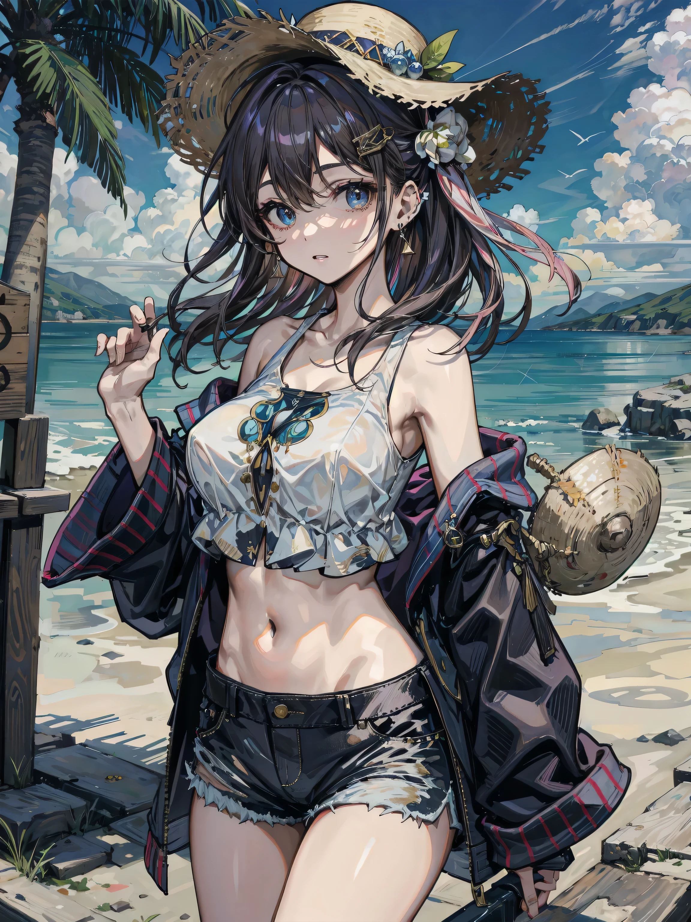 colorful butterfly,Girl,Bikini,Upper body,Witch hat,(Detailed face:1.2), (Medium breasts),(cleavage),(thigh band),Long hair,Asymmetrical bangs,Tarot border,The portrait is centered,(without weapons),(bouncing breasts), --auto