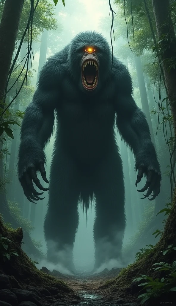 Monster with one eye on its forehead and mouth on its belly splinter bigfoot in the middle of closed forest