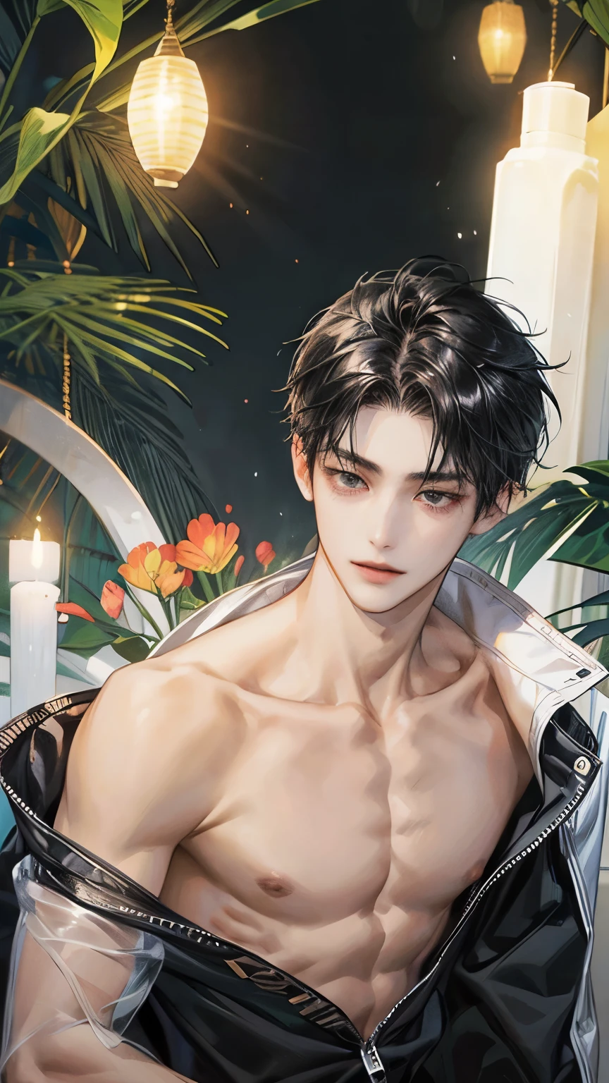 1 boy, Young male, Detailed eyes and faces, Perfect male body, face to camera, (short hair, half body inside water, Topless, bathe in water, wet hair and body),portrait, Chinese clothing, China Landscape, Outdoor, lavenders, lavender park, color difference, Depth of field, dramatic shadow, Ray tracing, Best quality, Cinematic lighting, Extremely detailed CG, 8k wallpaper,