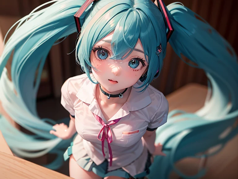 ((( Hatsune Miku)))、(1 girl),(Best Picture Quality, 8k, Masterpiece:1.3), (high school student:1.5), ((pink lob hair:1.1)), (bob cut),(swept bangs), (cute eyes, pupil black, iris skyblue, youthful face), (mole under right eye), (standard weight), (small breasts),(big hip), (glistening skin:1.1),(pale skin:1.2), (( serafuku, white sailor short sleeve simple shirt, darkblue skirt, darkblue sailor collar, pink ribbon)),(leg close-up:1.3)、 low angle、 white panties、