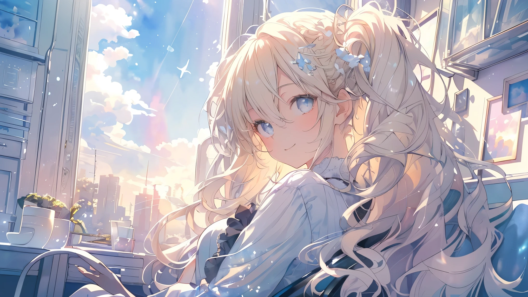 Anime girl with long hair sitting in a chair in front of a window ...