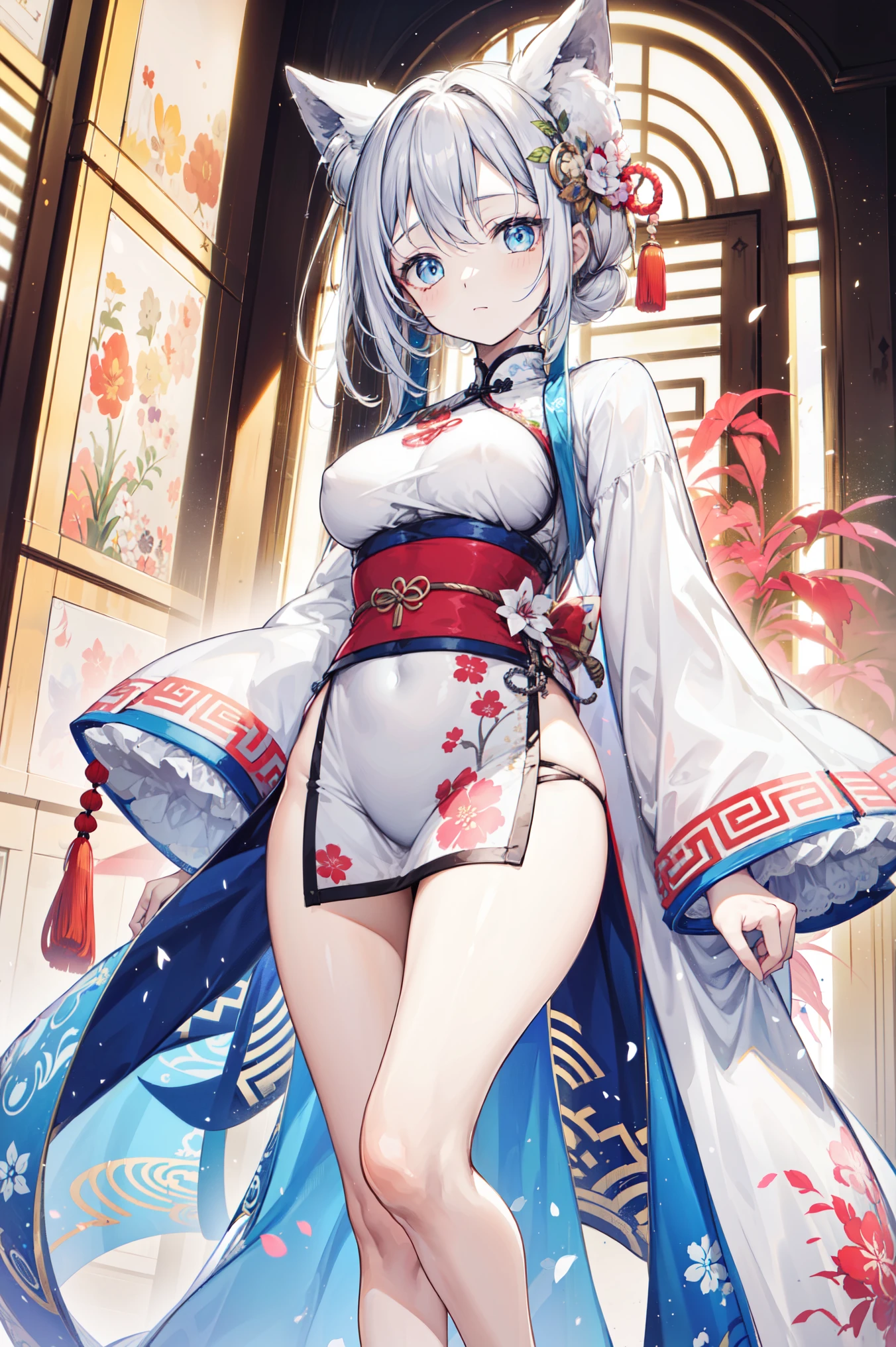 alone, Golden, long hair, White面纱, beautiful, holy, Maria, an off-the-shoulder top,short, B cup breasts, White裙子, White, blue eyes, Detailed eyes, happy, Smile, Japanese cartoons, White长筒袜, blue shoes, ((best quality)), ((masterpiece)), (detailed), whole body, loraes, White背景