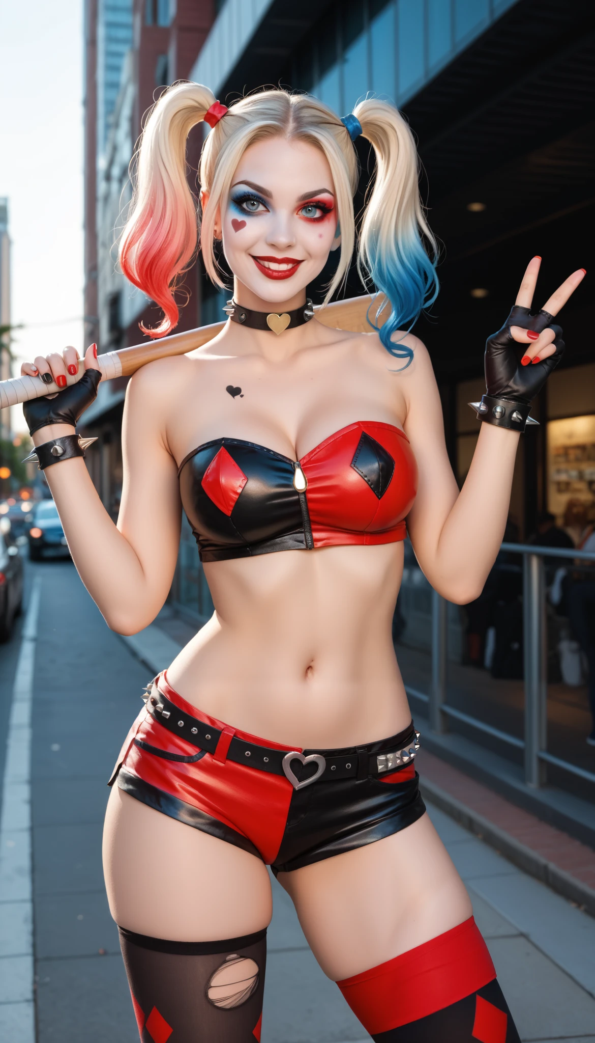 Margot Robbie dressed in Harley Quinn clothes with a smile