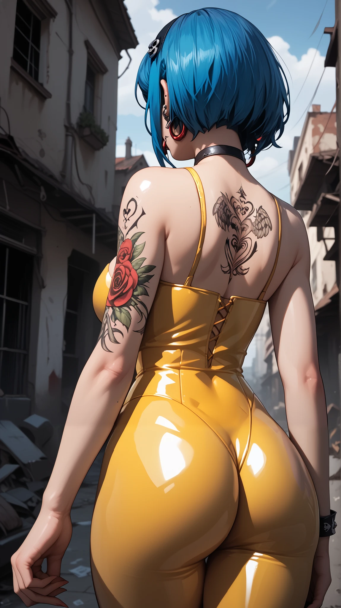 Gothic girl, 19 years old, perfect figure, blue hair, voluminous breasts, perfect body, tattoos on her face and piercings, standing half-turned (rear view) and looking at the camera, dressed in a sexy yellow latex costume, background of an abandoned building