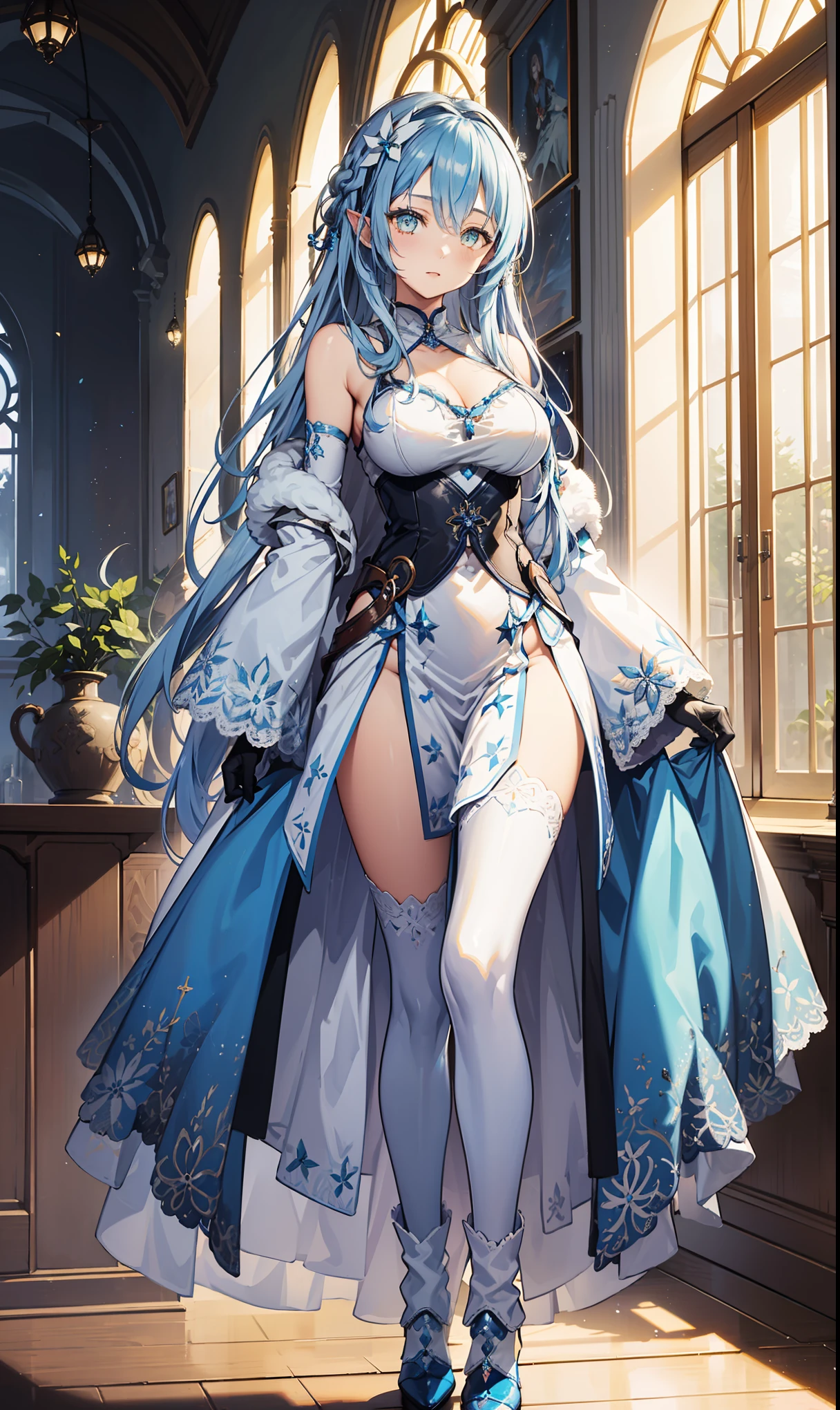 saints,Attractions,having fun,in love,(Leotard with swimsuit),Silver Hair,blue eyes,Transparent clothes,Smile,Decoration of saints,Lilac cloth,A small amount of gold color pattern,snowy night,Transparent lace,Exquisite clothing,bedroom,The only person,night,Carved sling boots,Delicate and beautiful eyes
