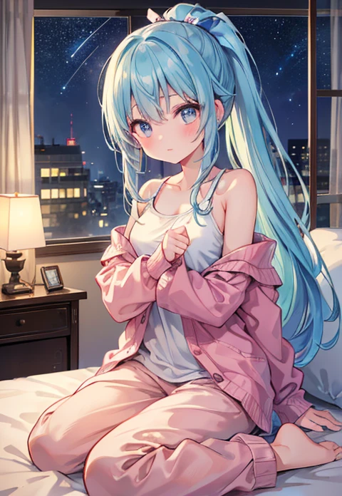 Second Dimension、pretty girl、sister、smile、Open your mouth、Blushing、Green Eyes、Long Hair、Light blue hair、bed、On all fours、Place your hands on the floor、front、Thick thighs、Pink hoodie、head、clavicle、Large Breasts、valley、Shorts、Light blue hair、Dark Room、window、night
