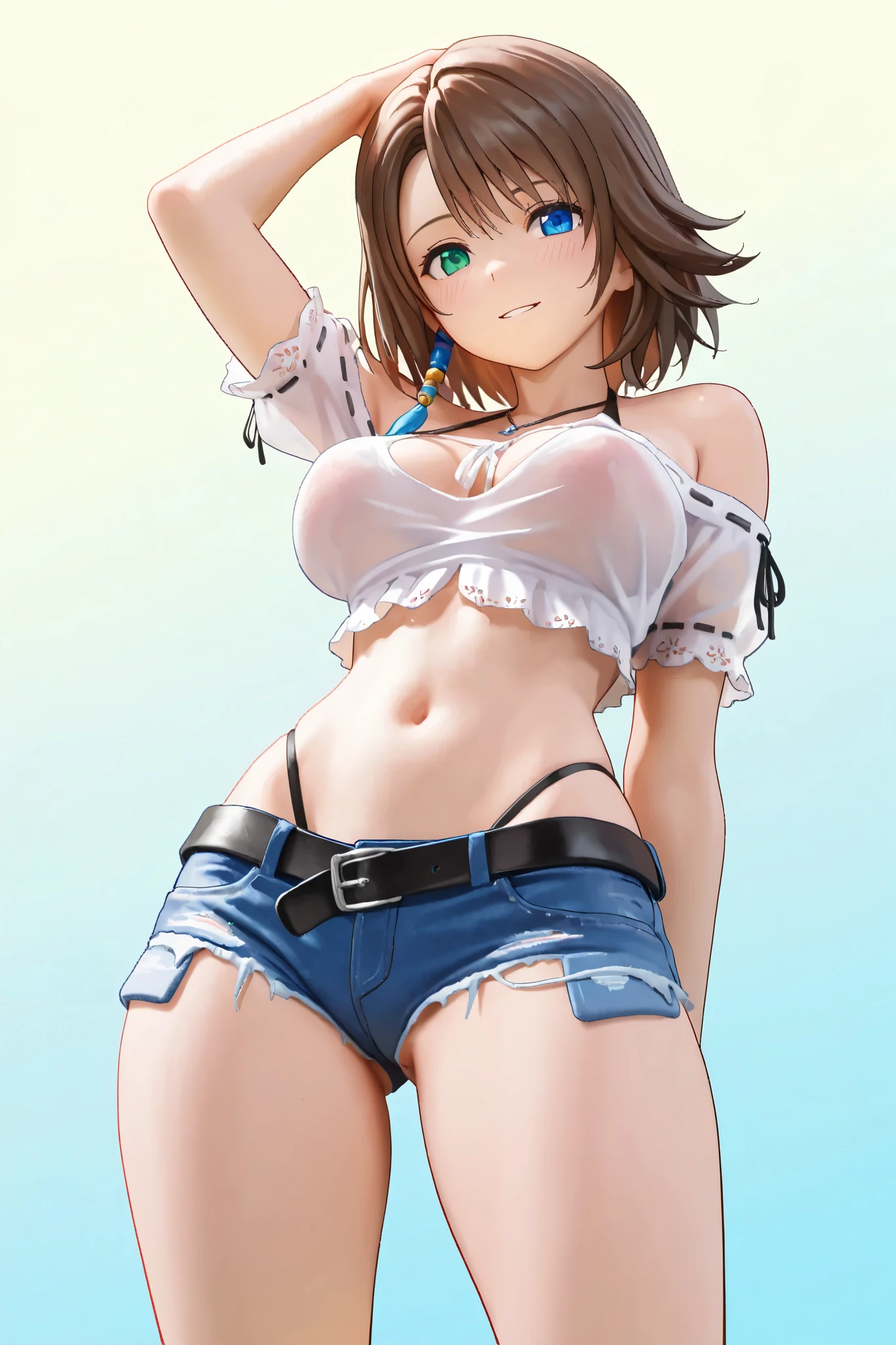 ((best quality)), ((masterpiece)), (detailed), short hair, blue top, crop top, blue fitted dolphin shorts , huge breasts, huge ass