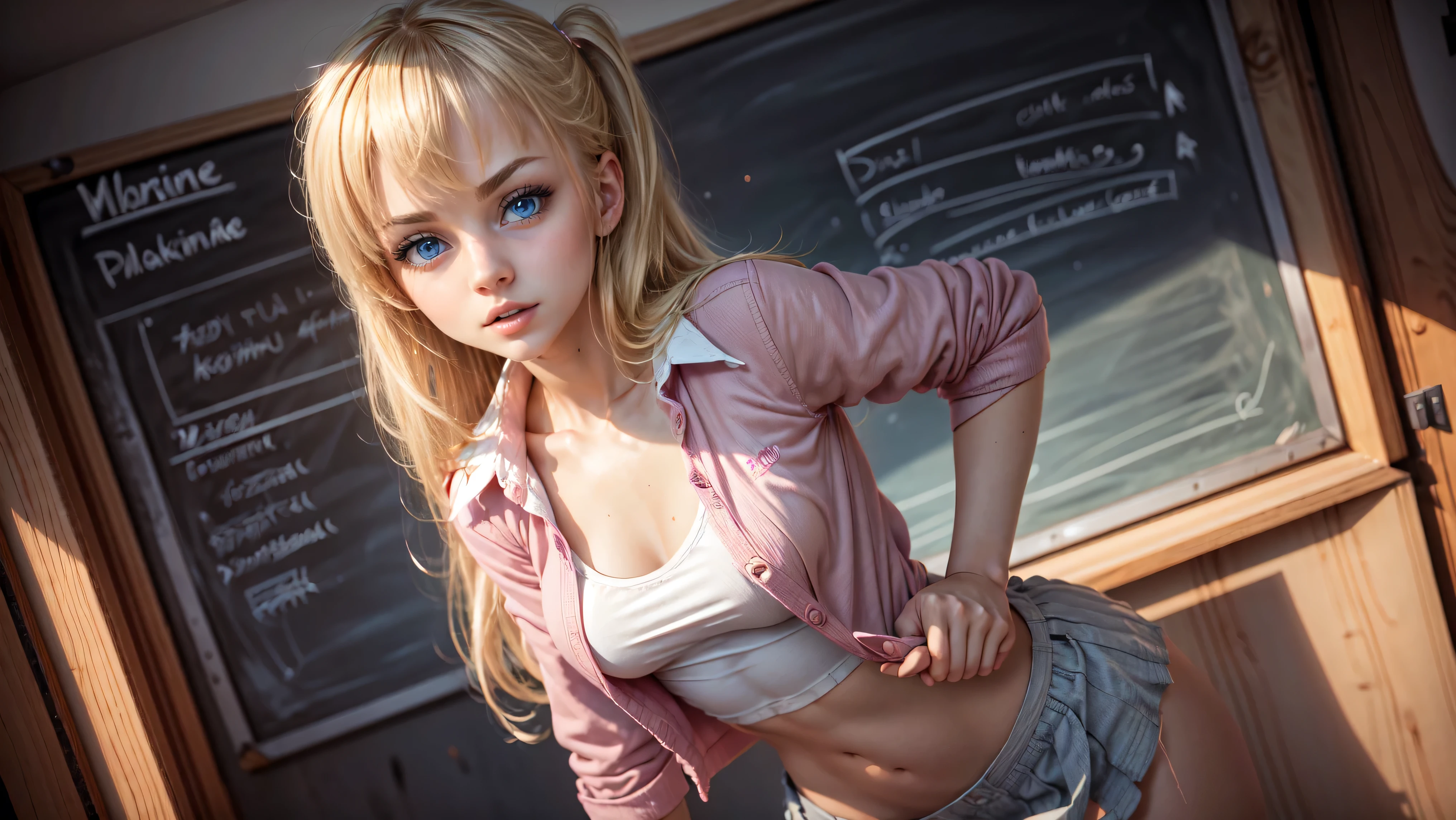 1girl, solo, single girl, young girl, Standing in a classroom, Cute blonde girl wearing revealing pink high-school uniform in classroom, sexy, petite, blue eyes, popular girl, standing in front of the chalkboard,