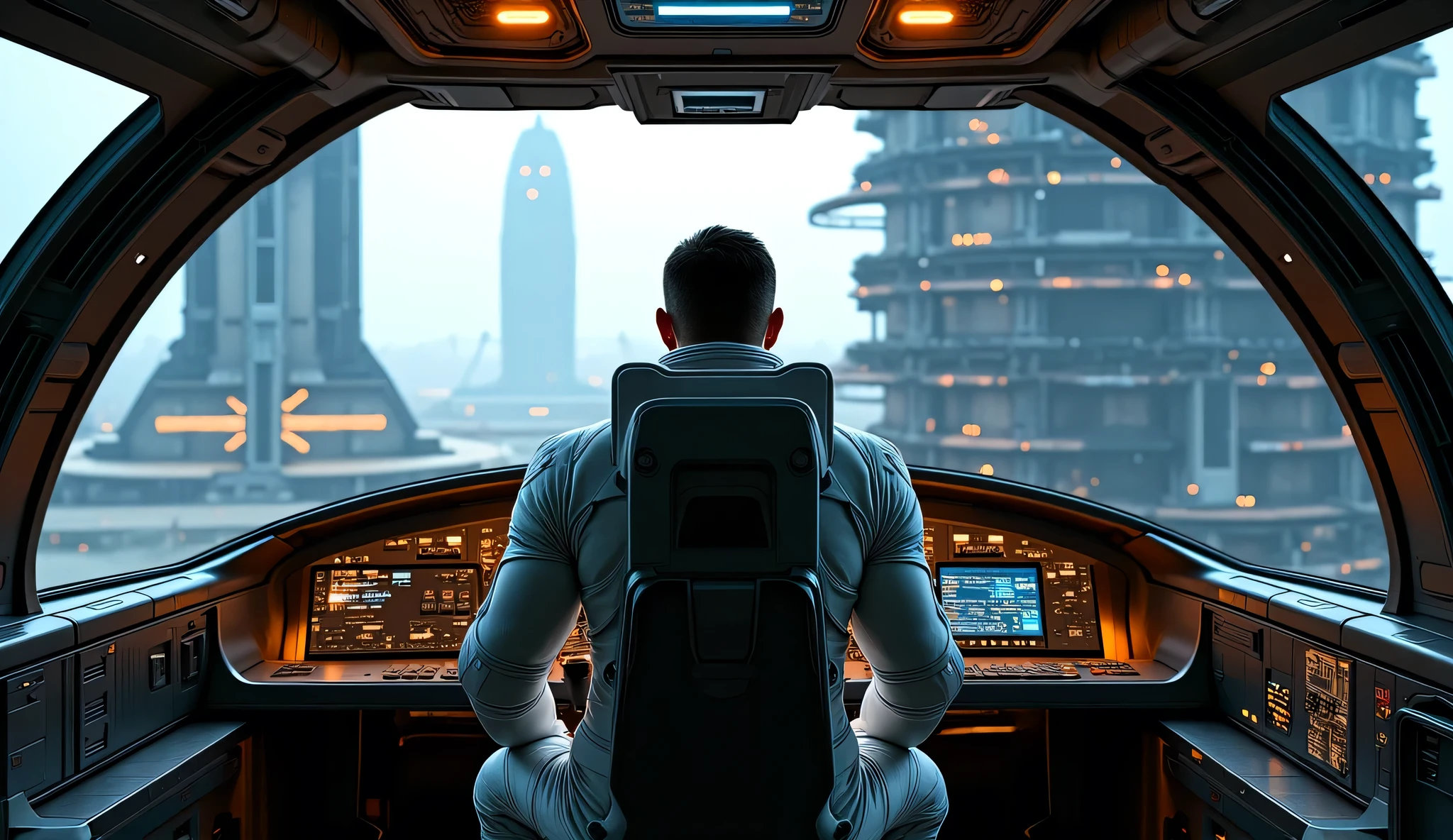 cool blue-gray tones with golden-bronze highlights, soft ambient lighting , reminiscent of early dawn . The futuristic spaceport is huge , glow with towering metal structures , with huge glass domes and sprawling launch platforms, . Through the wide , rounded, cabin windows, you can see the spacious spaceport hangar, its metal structures are illuminated by cold artificial light. The cabin is located high above the ground , creating a feeling of great height and emptiness around . The cockpit has dim lights , creating an atmosphere of waiting for the important moment . A man is seen in the center of the frame. man, dark hair, he is a brunette , short-haired European in military style (Height 185 cm, muscular, light bristles ), is wearing an impeccable white advanced spacesuit with glowing blue accents on his forearms, without a helmet. man сидит в кресле пилота внутри кабины космического корабля похожей на кабину авиалайнера. His back is facing the camera . Around he has numerous panels , buttons covered with , flashing lights and . Control joysticks are installed in front of it, that he holds tight to.