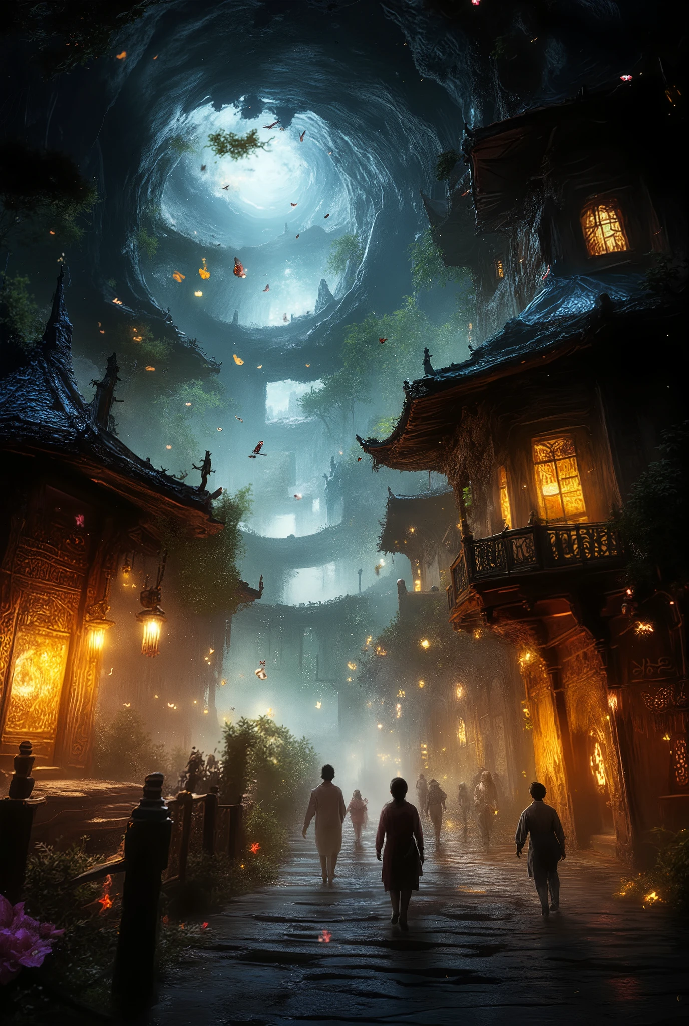 Beautiful Fantasy style ,  An underground city with beautiful houses , very detailed and beautifully ,  in the windows there are bright lights with beautifully patterned carved wooden windows, 8 k,  Beautiful light shines through a layer of soil to the bottom into the Cave ,  butterflies fly , plants,  Masterpiece ,  Best quality ,  a maximum of details , perfect,  complicated details,  high definition,  beautiful colors ,