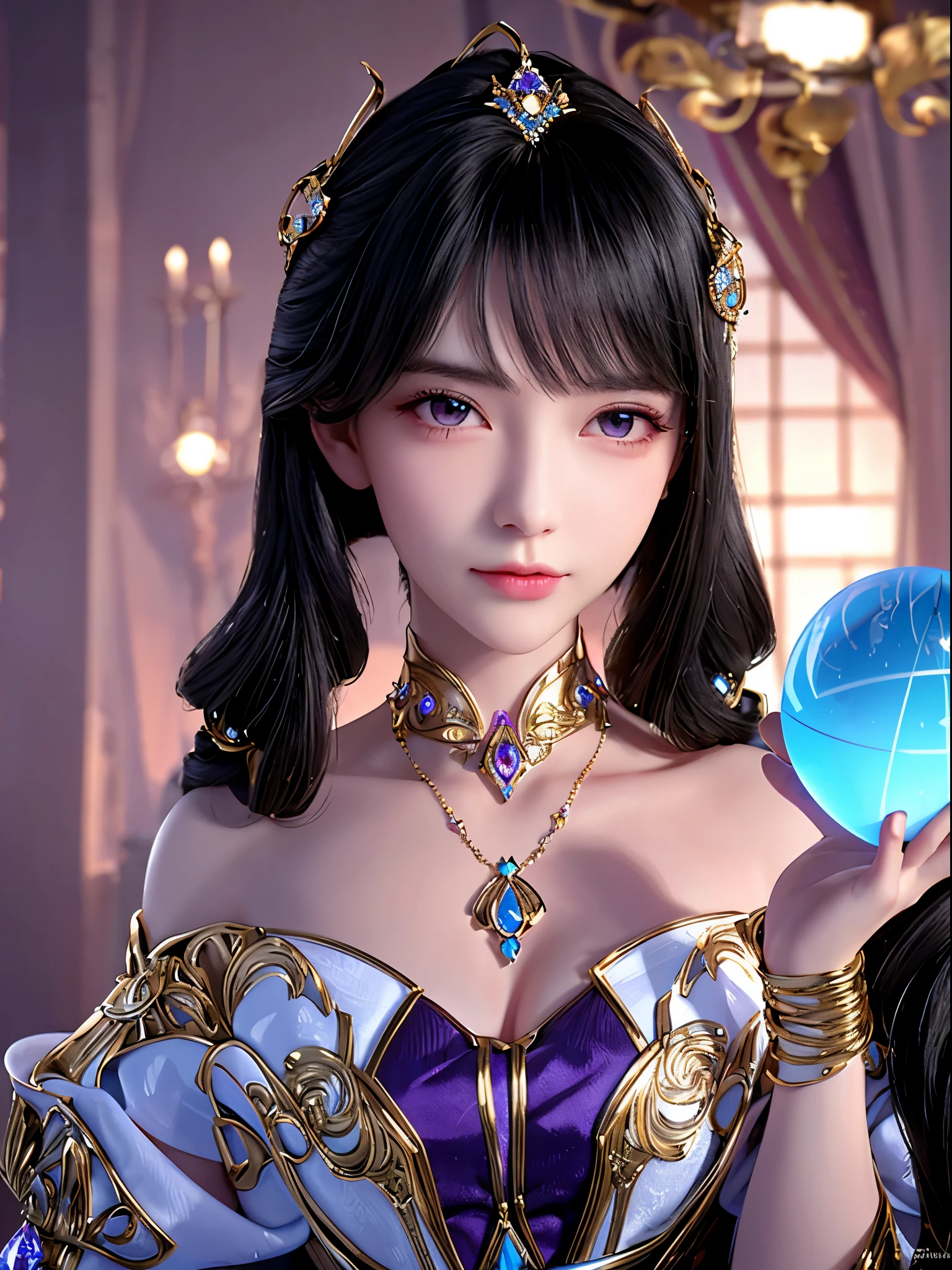 tmasterpiece,Highest high resolution,((magic orb)),Dynamic bust of beautiful aristocratic maiden,Black hair elegantly coiled,Purple clear eyes,The hair is covered with beautiful and delicate floral craftsmanship, Crystal jewelry filigree,Ultra-detailed details,upscaled, face focus,