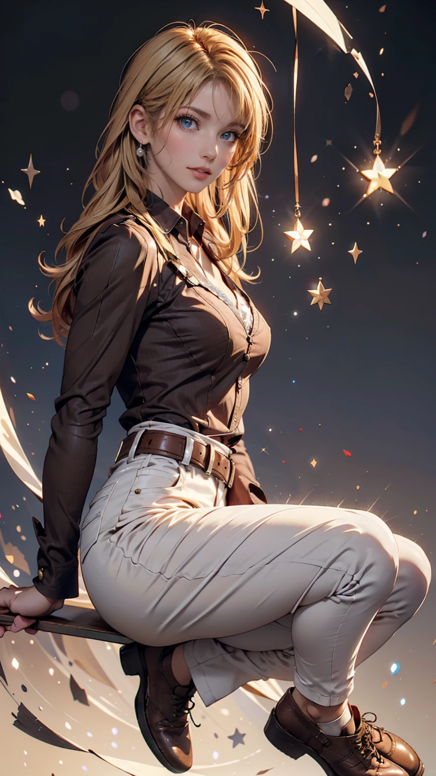 Ah Style, shingeki no kyojin,, , Krista Lentz,, One girl, belt, belt buckle, Blonde, blue eyes, Brown footwear, brown pants, buckle, chest belt, collared shirt, diamond (shape), Floating Hair, From the side, whole body, Gray background, Hair between the eyes, Place your hands on your thighs, Long Hair, Long sleeve, Future outlook, with own hands, pants, Lips parted, shirt, shoes, Sitting, alone, Shine, star (symbol), Thigh straps, white shirt, , , ((masterpiece)), Highest quality, , 、Sexy proportions、Narrow waist