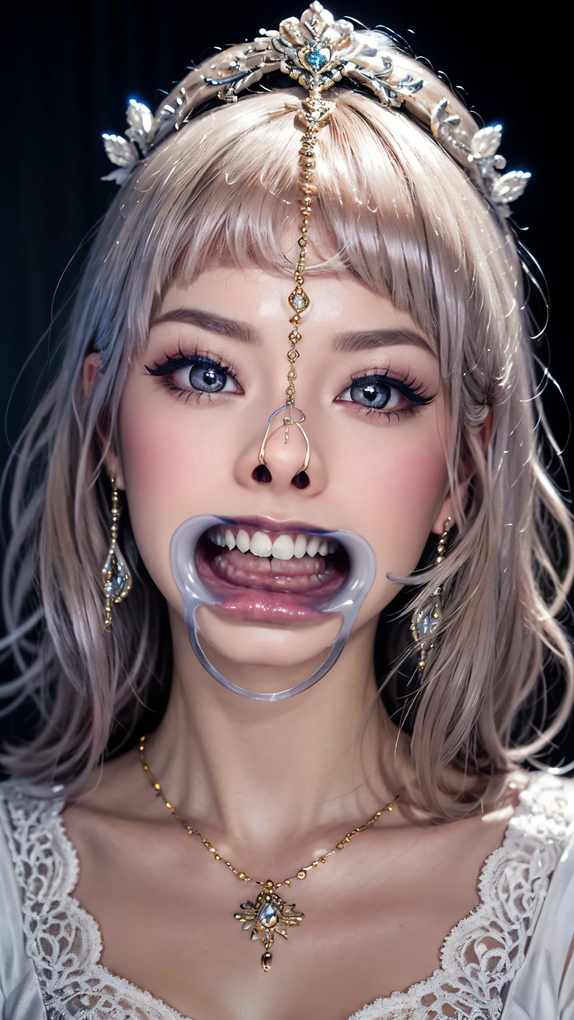 a beautiful young girl, extremely detailed eyes and face, ahegao, look up, long eyelashes, perfect white teeth,blue eyeshadow, nose hook piercing,super wide open mouth, elegant, delicate, serene, flawless white skin, ornate jewelry, detailed ornate headpiece, intricate makeup, 8K, hyper detailed, photorealistic, cinematic lighting, dramatic colors, fantasy art