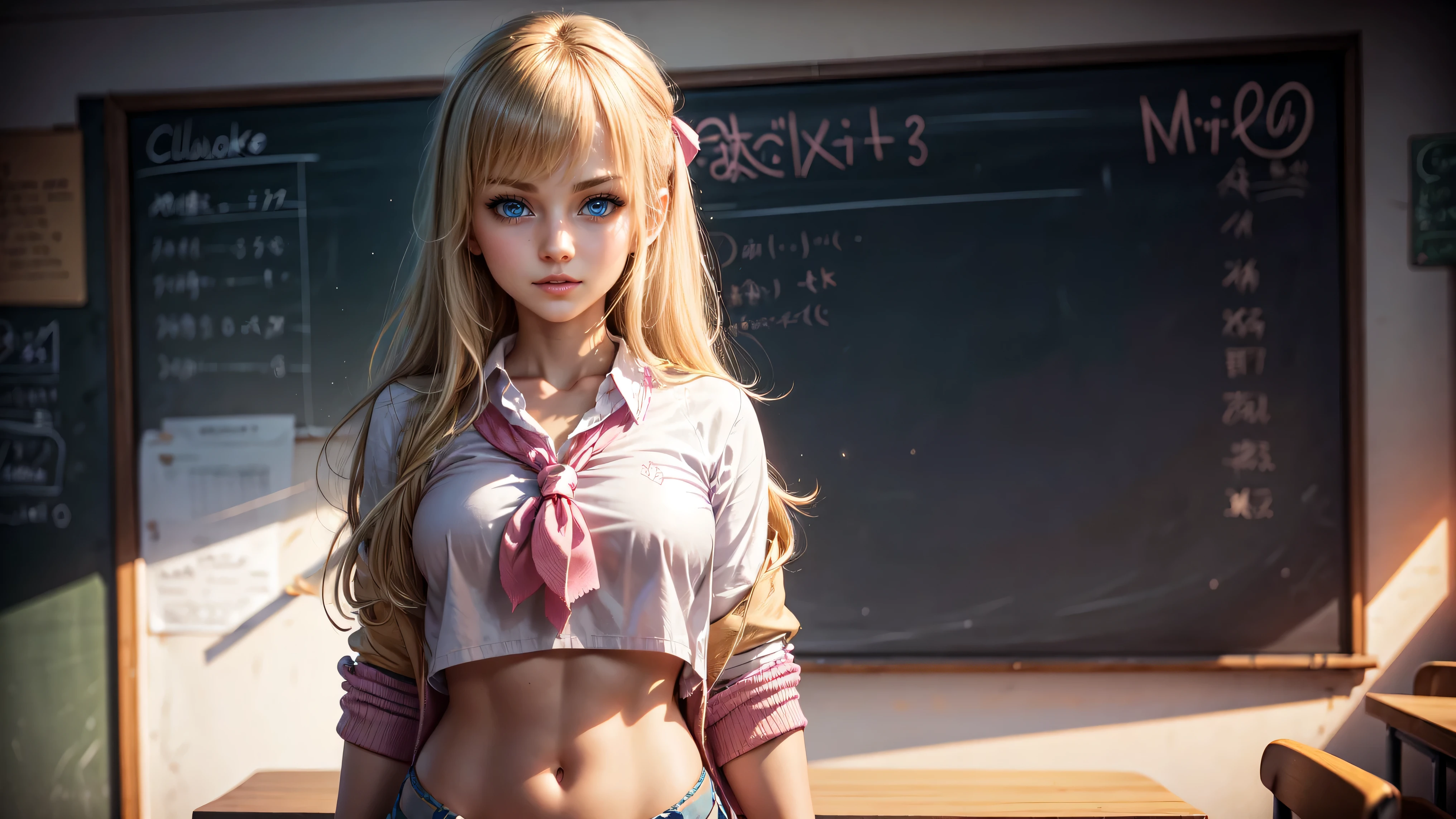 1girl, solo, single girl, young girl, Standing in a classroom, Cute blonde girl wearing revealing pink high-school uniform in classroom, sexy, petite, blue eyes, popular girl, standing in front of the chalkboard, 