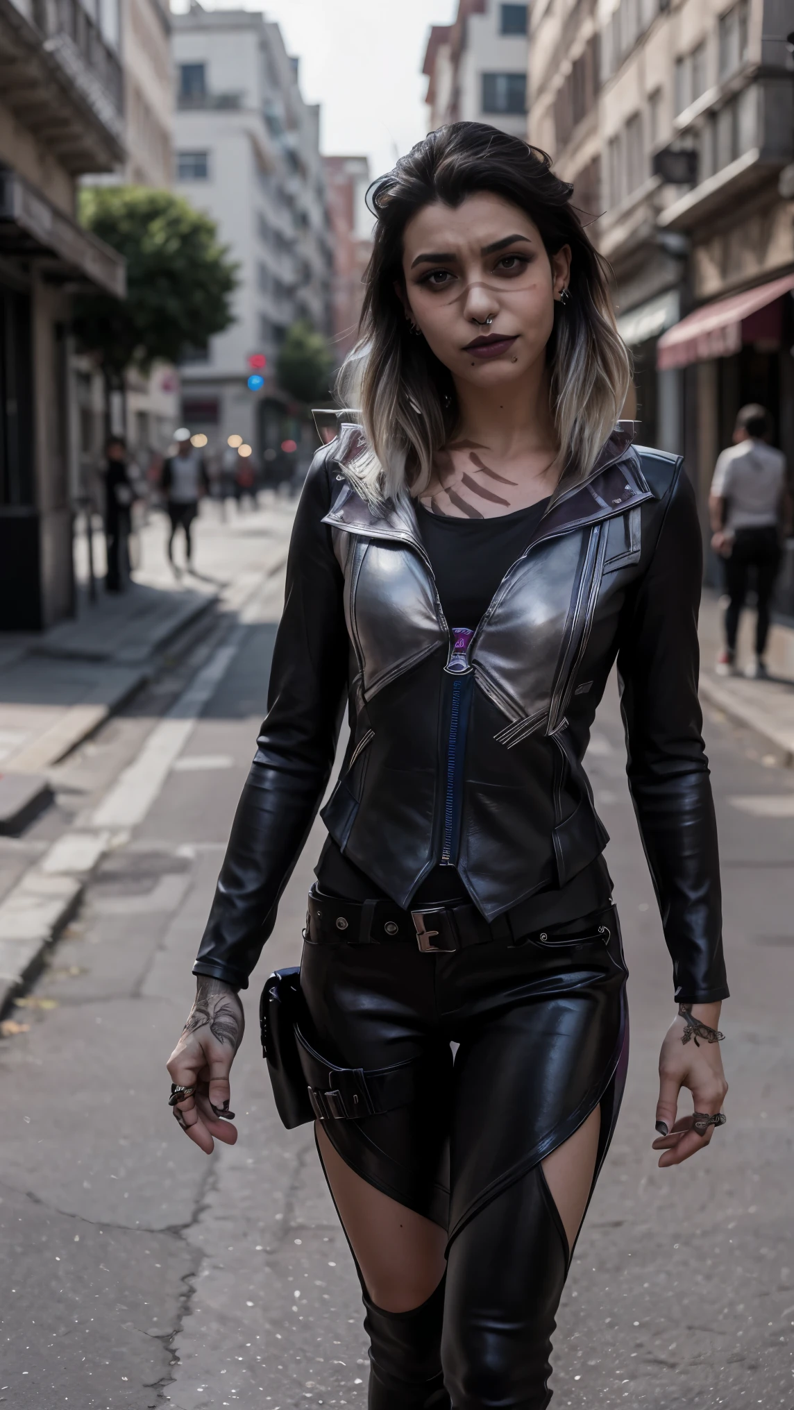 (masterpiece), best quality, HD, expressive eyes, perfect face, Turkish girl, smoked eyes, makeup, 1girl, cowboy shot, undercut black hair, heterochromia eyes,(high quality eyes), nasal scar, undercut bangs, scars, creepy, scars on face, outdoors, looking at viewer, black croptop, sporty, collarbone, leather leggings, valorant, lambskin jacket clothing, shoes, full body, seducing poses, (((sadness look))) Turkish clothing, chin piercings, Gothic punk nose piercings, smiling, ear piercings eyes, Ankara background, cowboy shot, black shirt, close view, smiling warmly, henna hand, teardrops, sad face, being rejected