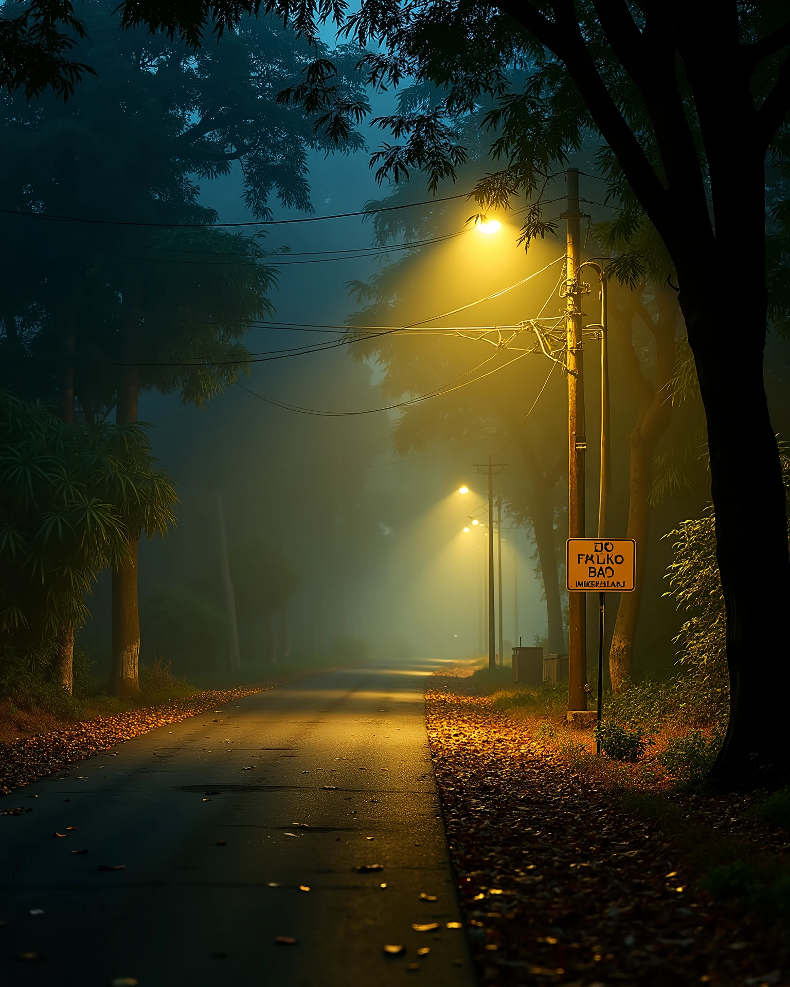 On Old Indian yellow pole light road car group running, horror Old Indian road , yellow side poles, big deep trees around the road , close to camera, leaves on road, leaves are flowing in air and road, fog lightroom effect, professional photography of seen, dark night , side of the road a yellow sign board , side look, Mumbai WR train running in background , old india 18's