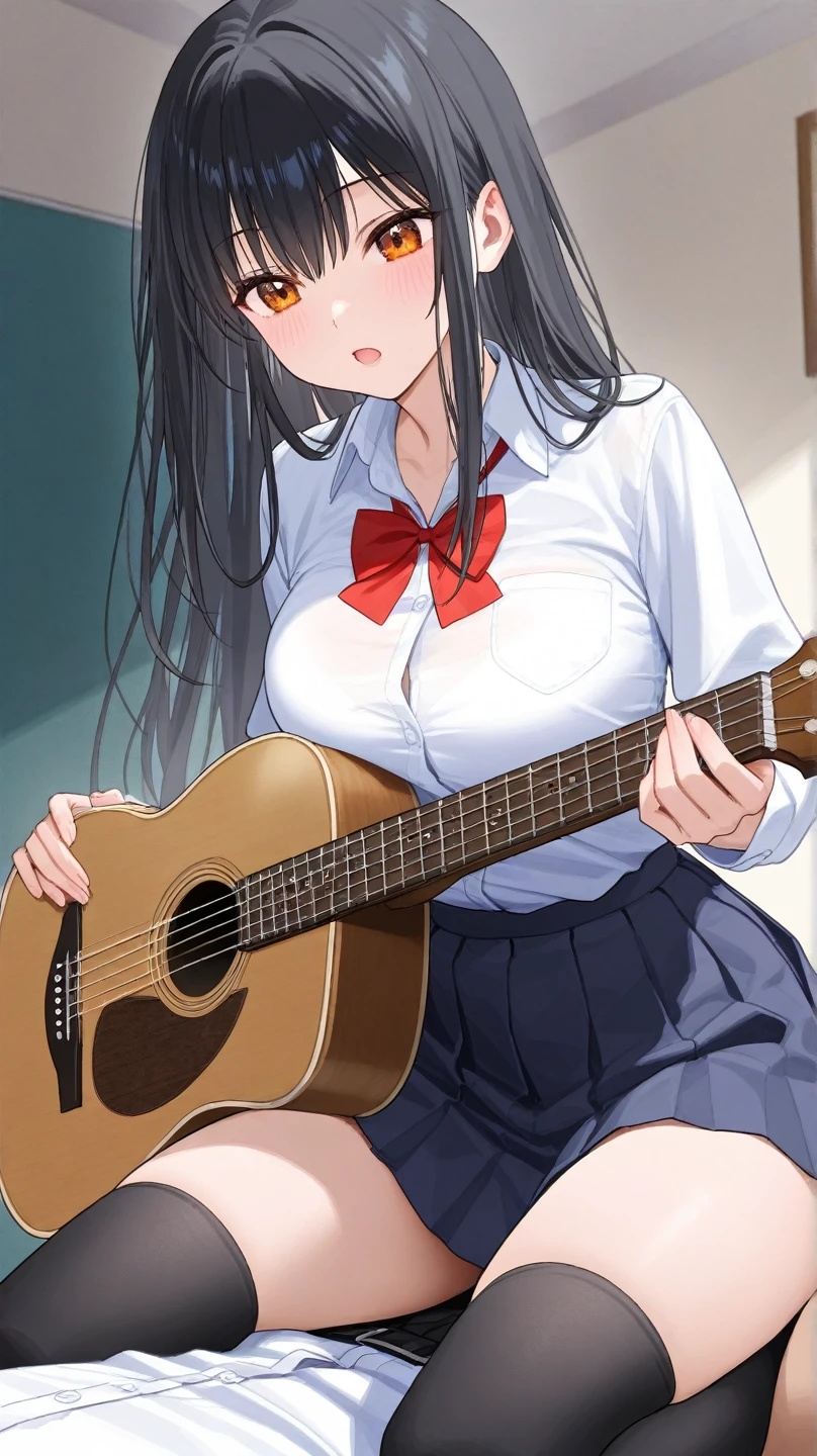 (Masterpiece:1.2), (high quality), (pixiv:1.4), (anime:1.4),(1 girl),12years old,cute,classroom),blue eyes,school uniform,Woman with dark hair,medium hair,medium breasts,,(cute white pink panties:1.1),glistening skin,,smile,genital line,thigh gap,Playing guitar,belly button,from below,,hairpin