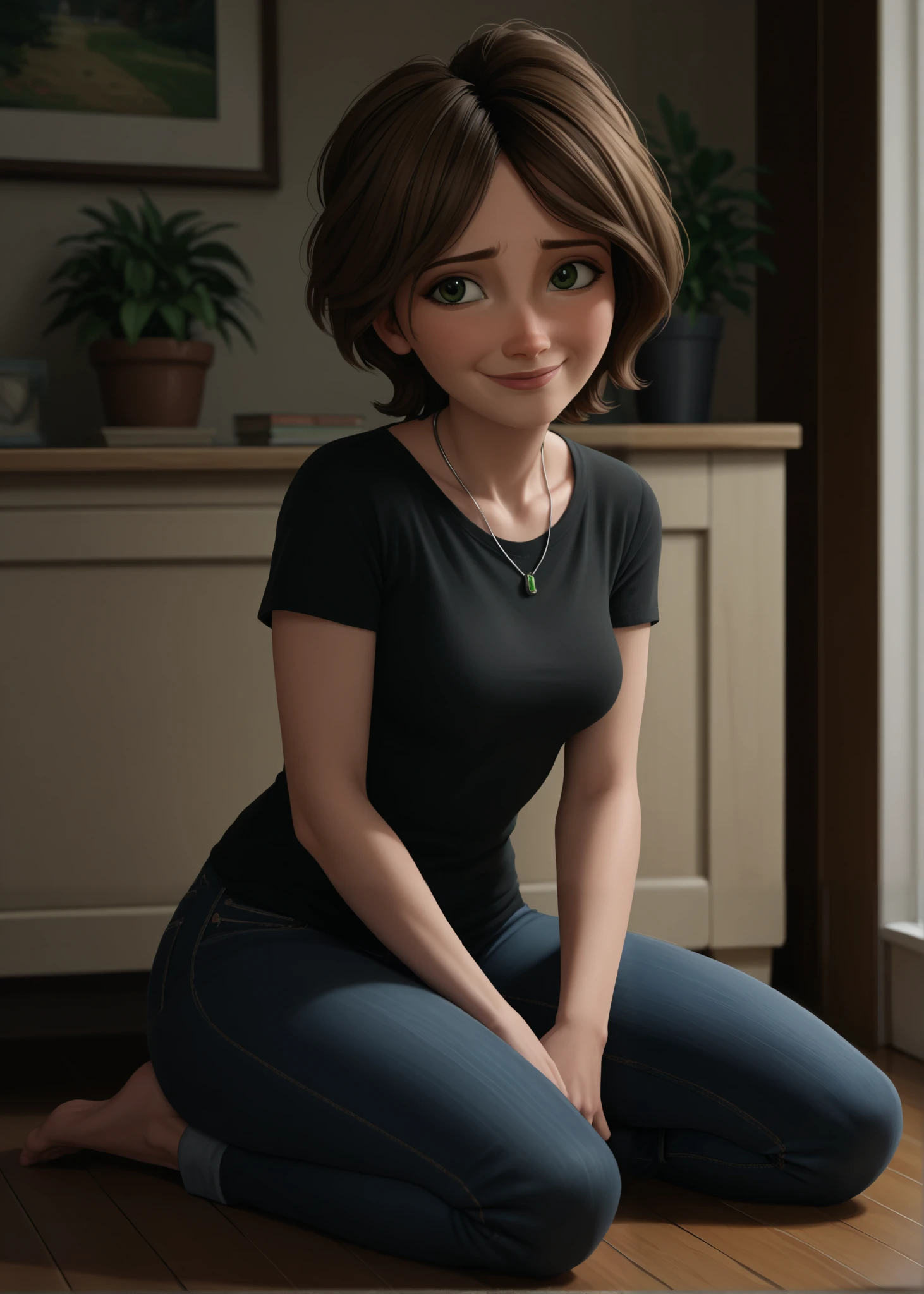 cass,1 ,  alone, breasts,  smile,  short hair,   brown hair, shirt, jewelry,  green eyes,  full body, jeans,  short sleeves ,  inside the house, collar, blurry, black shirt, shy  smile, score_9, score_8_above, score_7_above, score_6_above,