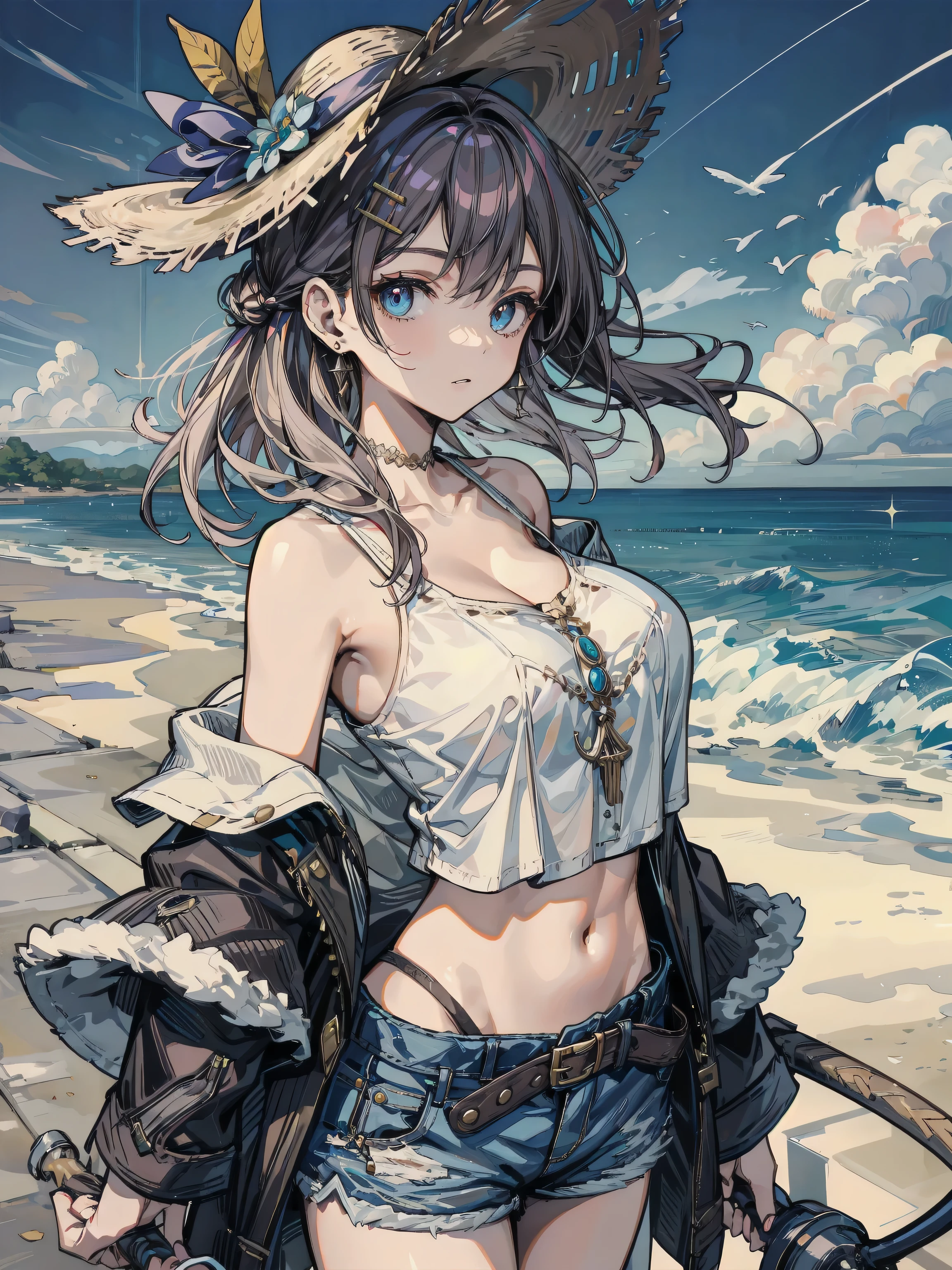 absurdres, RAW photo, extremely delicate and beautiful, masterpiece, Best Quality, ultra high resolution, 32k, hyperrealistic, ultra-detailed, detailed description, perfect anatomy, pale skin, 20 years old, detailed beautiful face and eyes, tearful mole, earring, short medium hair, wavy hair, whole body shot, colossal tits, cargo pants, shorts, bare shoulders, collarbone, Crop top, straw hat, outdoors,