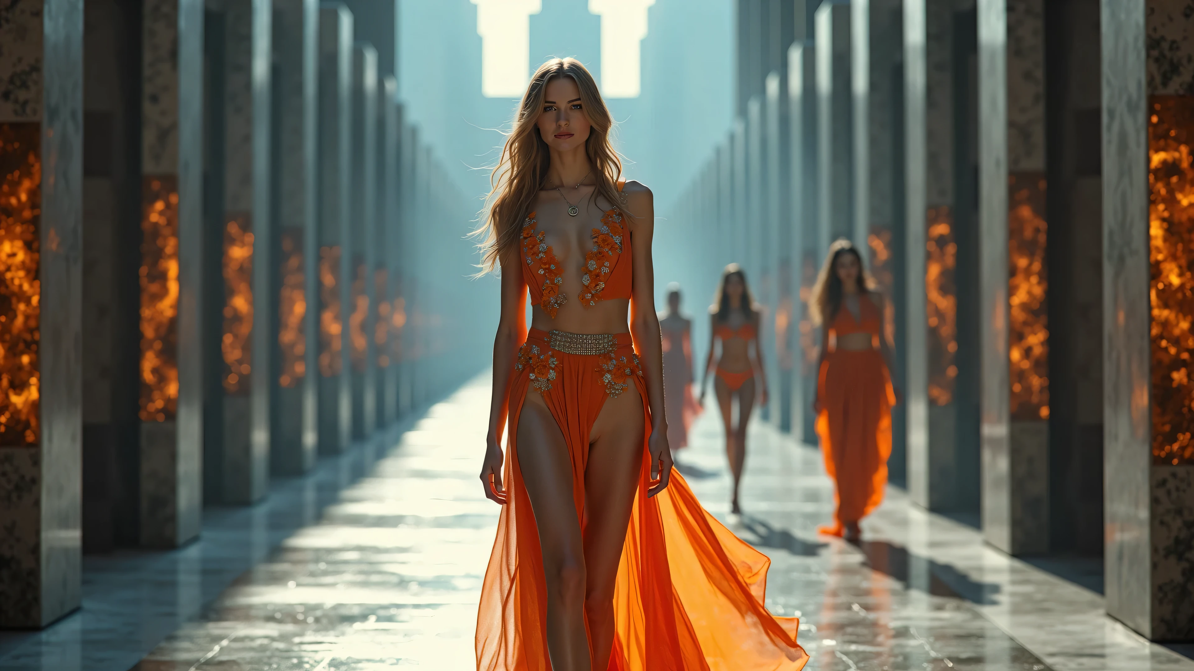 Hot blonde American playboy girls with their country flag walking in fancy clothes with tongue out and text"Happy Rakshabandhan" in foreground 
