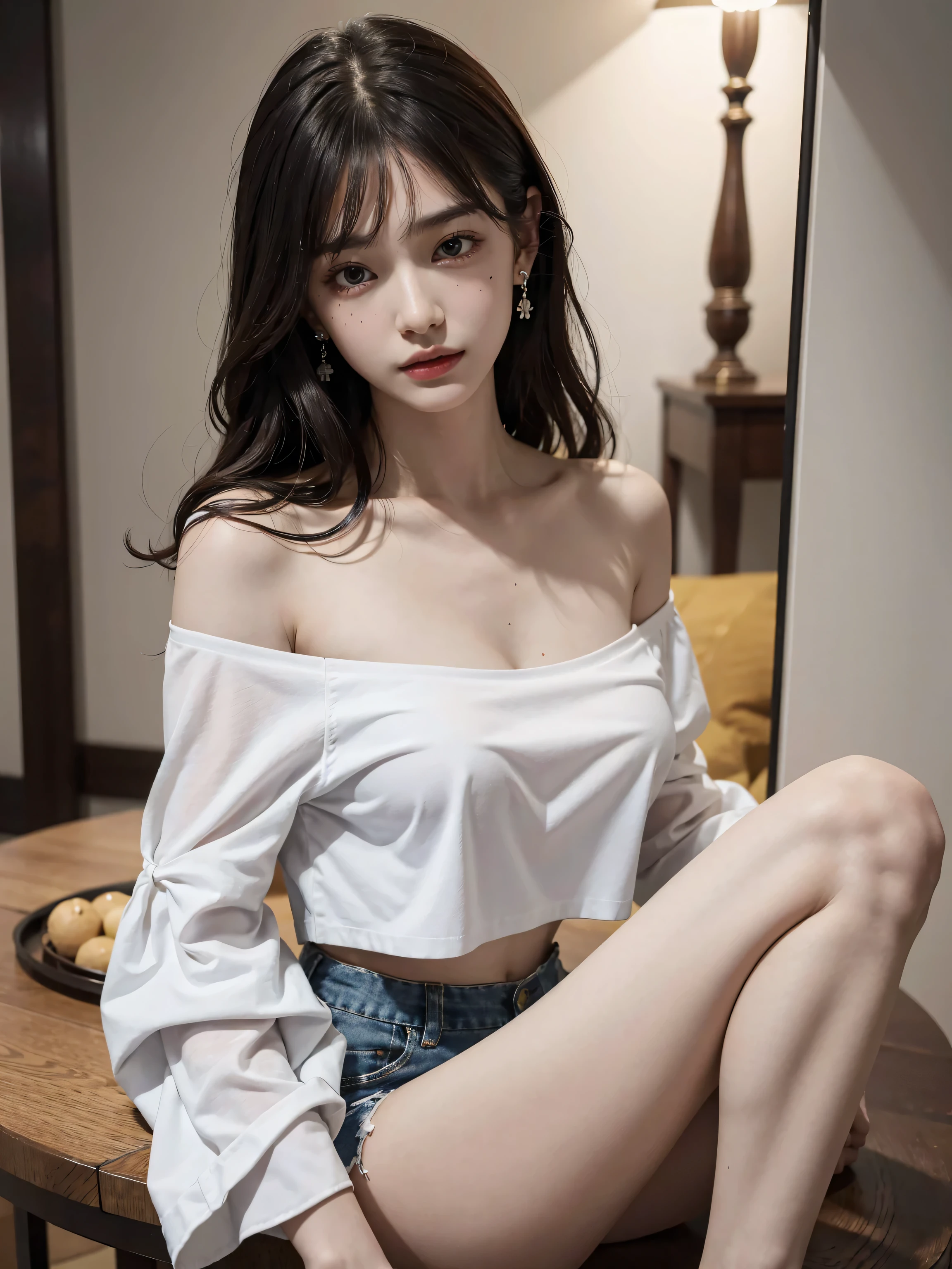 absurdres, RAW photo, extremely delicate and beautiful, masterpiece, Best Quality, ultra high resolution, 32k, hyperrealistic, ultra-detailed, perfect figure, Perfect Style, Perfect balance, in her 20s, very small head, very small face, delicate facial features, tearful mole, earring, very huge breasts, bare legs, full body shot, medium hair, black hair, colored inner hair, casual, blouse, white shirt, buttoned shirt, bare shoulders, collarbone, midriff, navel, shorts, straw hat,