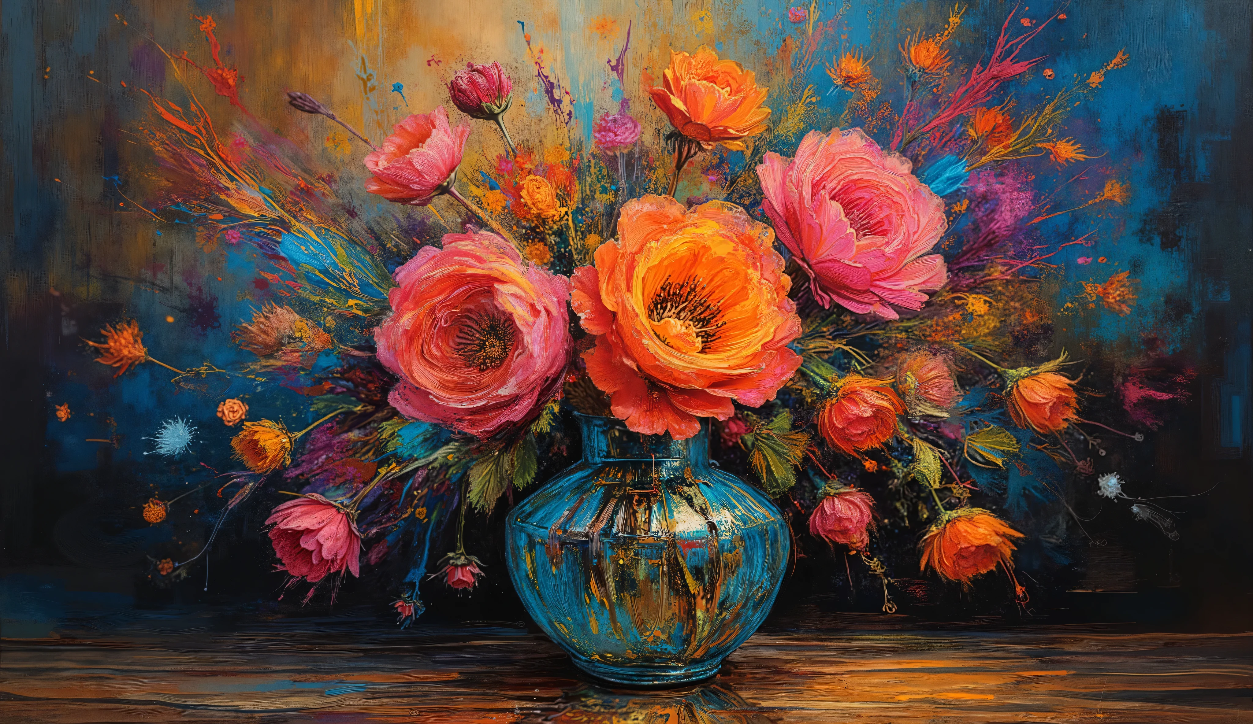 surreal artistic digital painting of flowers following a mathematical spiral pattern, dramatic ink splashes and drips in black, layered with impressionist brushstrokes in vibrant colors, double exposure effect blending geometric patterns with organic forms, moody dramatic lighting with soft glow, arranged in a clear glass vase on a reflective surface