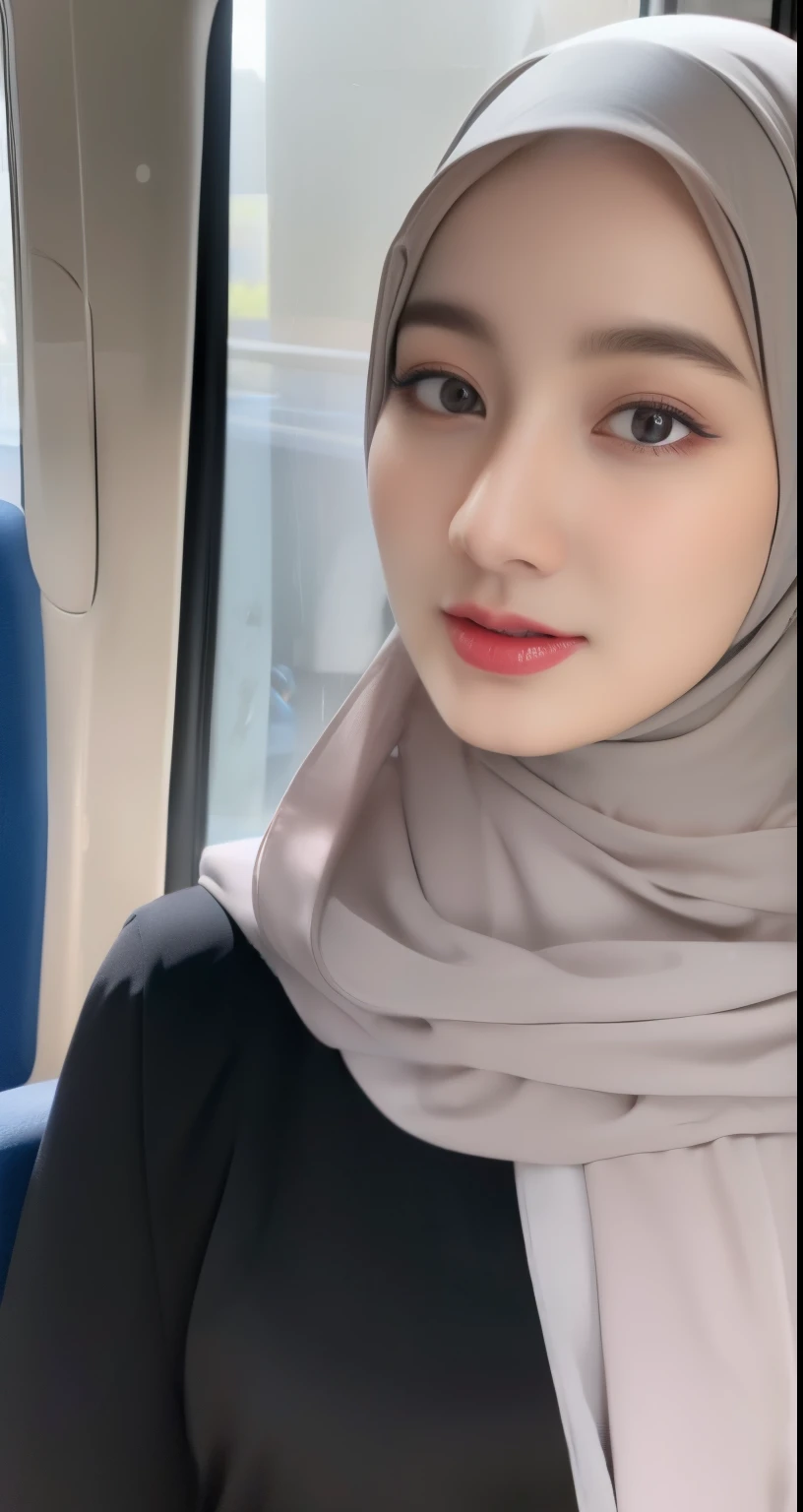 1girl hijab, ((wear hijab in head girl)), outfit hijab style, beautiful detailed eyes, beautiful detailed lips, slight smile, extremely detailed face and portrait, potrait from below, long eyelashes, medium breasts, slight smile, in bus, on chair bus, tight hijab outfit, tight clothing, sexy hips, ((photorealistic, HDR, UHD, professional, vivid colors, warm lighting,evening day,masterpiece ,hijab long outfit,hijab long outfit