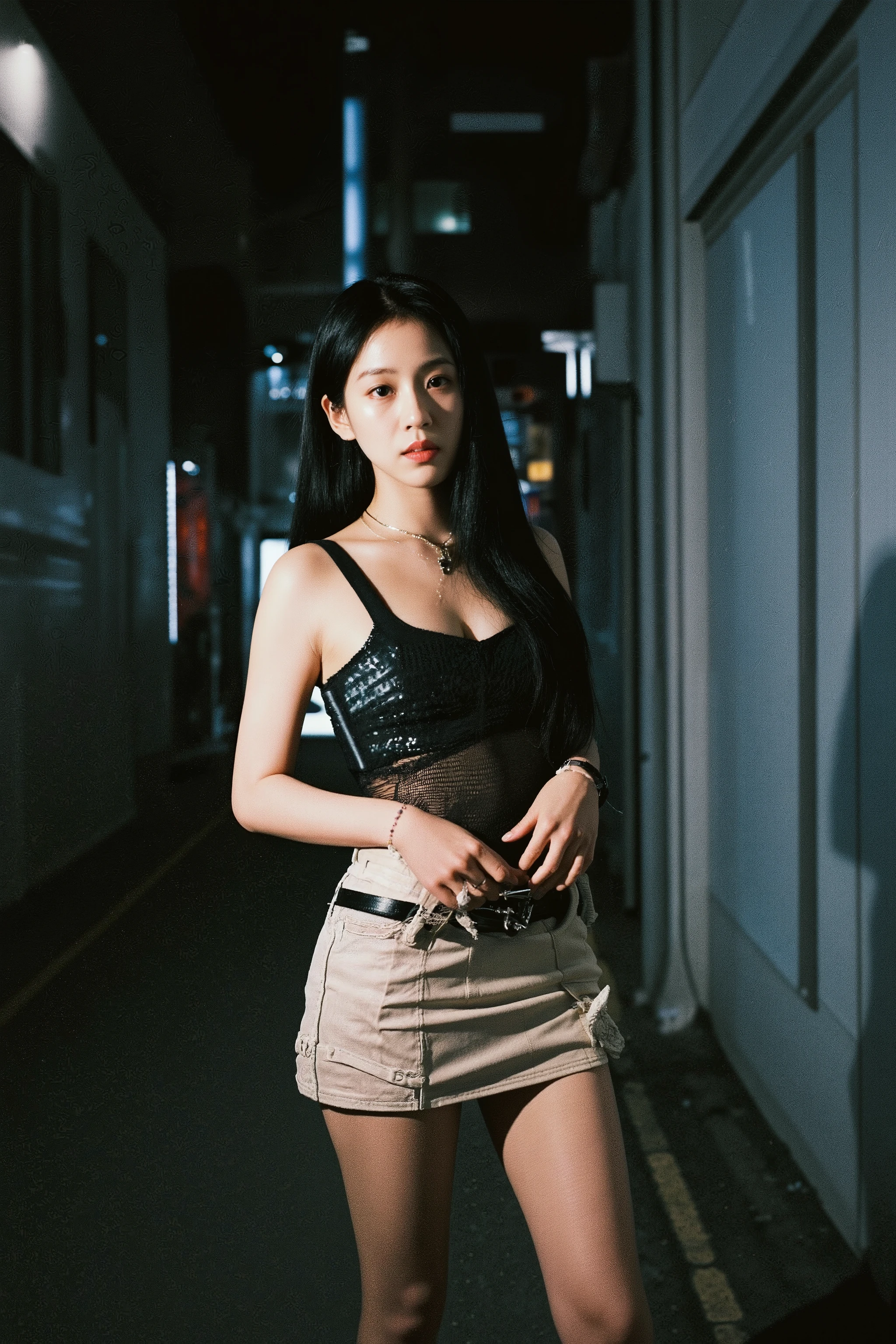 [20250210-001] (ultra-realistic, highly detailed masterpiece:1.5), (nighttime urban alley, empty and moody:1.4), (intense flash photography, harsh lighting reflecting on skin:1.4), (breathtakingly beautiful young Japanese woman:1.4), (upper body to mid-thigh framing, emphasizing toned legs and candid posture:1.4),  (summer season, daring and minimalistic outfit, sleek and form-fitting, bright colors:1.4),  (low-angle shot, enhancing strength and allure:1.3)
