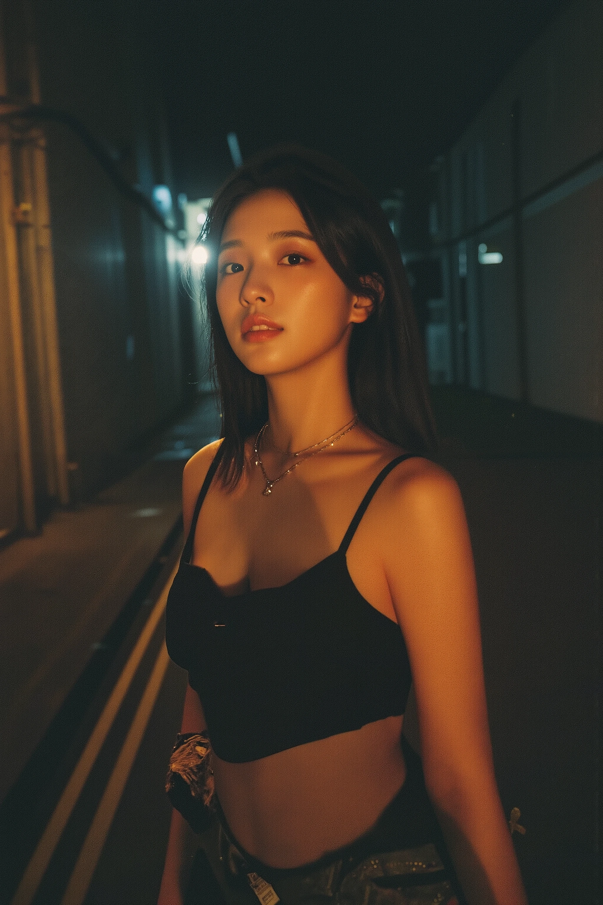 [20250210-001] (ultra-realistic, highly detailed masterpiece:1.5), (nighttime urban alley, empty and moody:1.4), (intense flash photography, harsh lighting reflecting on skin:1.4), (breathtakingly beautiful young Japanese woman:1.4), (upper body to mid-thigh framing, emphasizing toned legs and candid posture:1.4),  (summer season, daring and minimalistic outfit, sleek and form-fitting, bright colors:1.4),  (low-angle shot, enhancing strength and allure:1.3)
