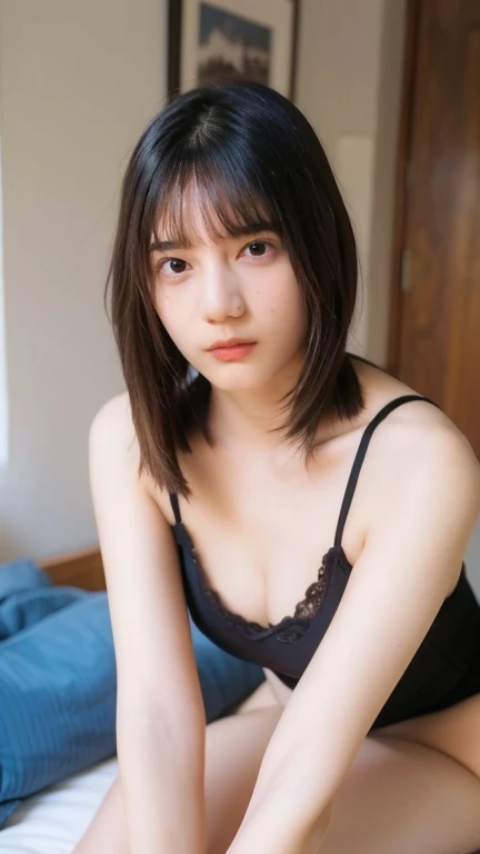 12 years、Down blouse、camisole、Short , Pressed against the bed, close your eyes, Open lips、Lips parted, blush heavily, Ready to kiss、Red frame glasses、short hair、Black Hair、vagina、Insert