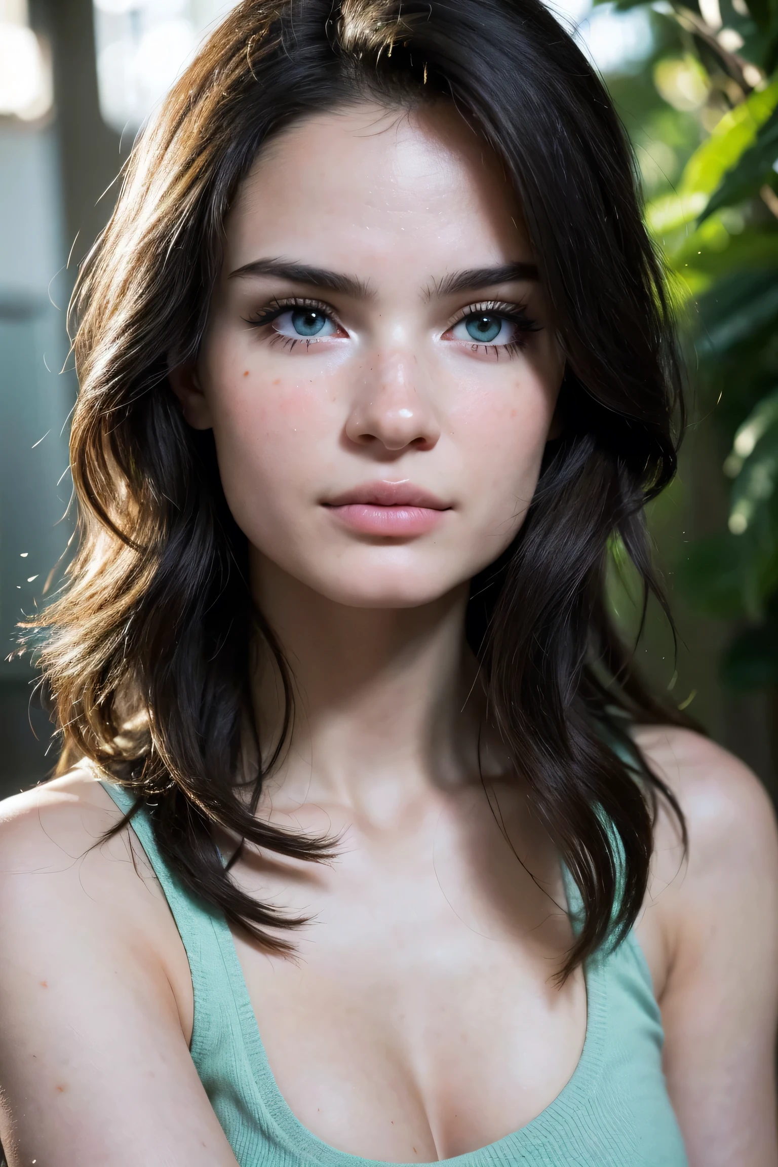 A beautiful and sexy European brunette with light green eyes, 22 years old, a girl in a floral top without a bra, biting her lower lip. the girl has a close-up full-face shot, and her breasts are slightly visible, her hair is fluffed out, her face, almond-shaped eyes, Square face shape, high cheekbones, naturally wavy hair, light green eyes, high resolution, masterpiece, best quality, complex details, very detailed, clear focus, detailed skin, realistic style, skin texture, texture, detailed eyes, Professional, 4K, charming smile, like from a cannon, depth of field, Kodak color vision, perfectly shaped body, extremely detailed, Photo_(ultra), Photorealistic style, realistic style, post-processing, maximum detail, roughness, real life, ultra realistic style, Photorealism, Photography, 8K HD, Photography