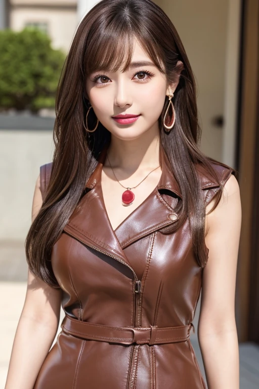 highest quality, masterpiece, Ultra-high resolution, realistic:1.3, solo, ((Clear Face)), ((cowboy shot)), (Glowing skin), (looking at viewer:1.3), (big busts:1.3), (sitting on chair), spread legs, hands behind back:1.3, leather jacket, shirt, leather skirt, long hair, smile