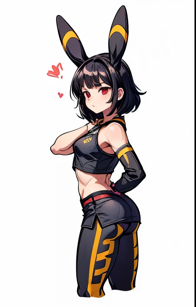 a girl with black hair, umbreon ears, red eyes, wearing black leggins shorts, pink sports bra, medium breasts, open black leather jacket, round ass, small hips, detailed face, beautiful detailed eyes, beautiful detailed lips, extremely detailed eyes and face, long eyelashes, photorealistic, 8k, high quality, hyperdetailed, cinematic lighting, dramatic colors, vibrant, moody, dark fantasy