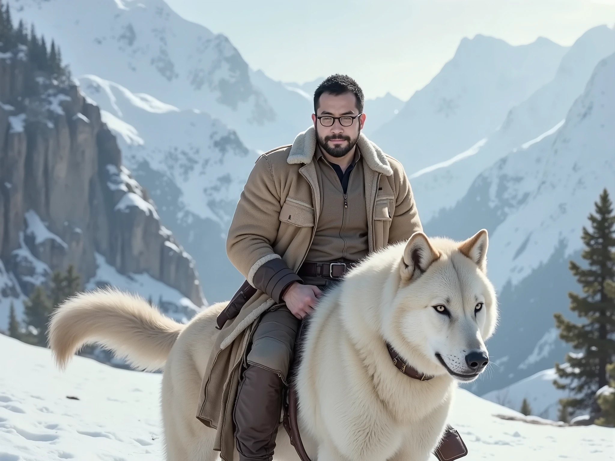 A professional photography of george bernard riding on the back of a white wolf through the snowy mountains, fur coat, tiberian clothes, hunter outfit, he look handsome and manly with muscular body,
