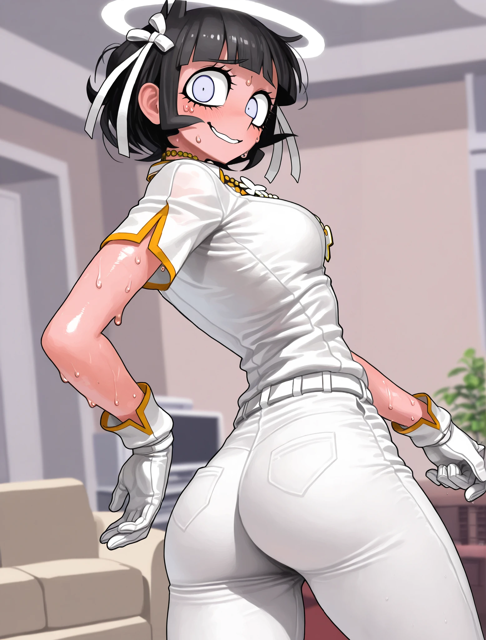((azazel)), ((helltaker)), ((masterpiece)), ((high resolution)), ((solo portrait)), ((back view)), {(attractive figure), (beautiful legs), (short black hair), (angel halo), (wide eyes), (cute light blue eyes), (long eyelashes), (sweating), (nervous smile)}, {(white shirt), (short sleeve), (tight white pants), (white gloves), (necklace), (white ribbons in hair)}, {(standing), (looking back at viewer)}, ((living room))