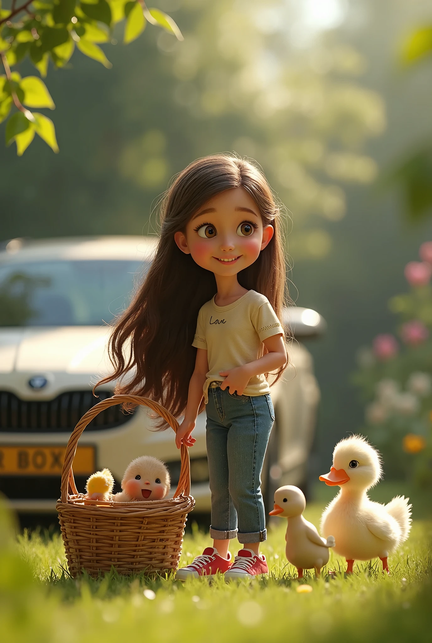 There is a doll with a basket of little ducks in the grass - SeaArt AI