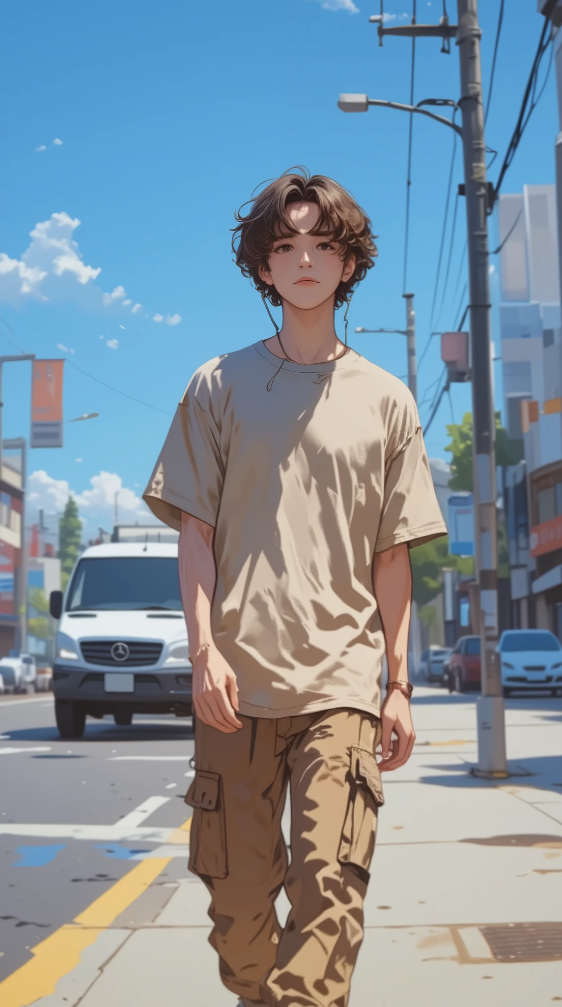 A young man with wavy brown hair walking confidently on a sunny city street, wearing a beige oversized t-shirt and stylish cargo pants. He is listening to music through wired earphones, holding a smartphone in one hand. The background features an urban setting with cars, power lines, and blurred buildings, creating a natural depth of field. The lighting is bright and warm, with a clear blue sky overhead. The scene has a modern, aesthetic vibe, resembling a fashion-inspired AI-generated photograph with highly detailed textures and realistic shading