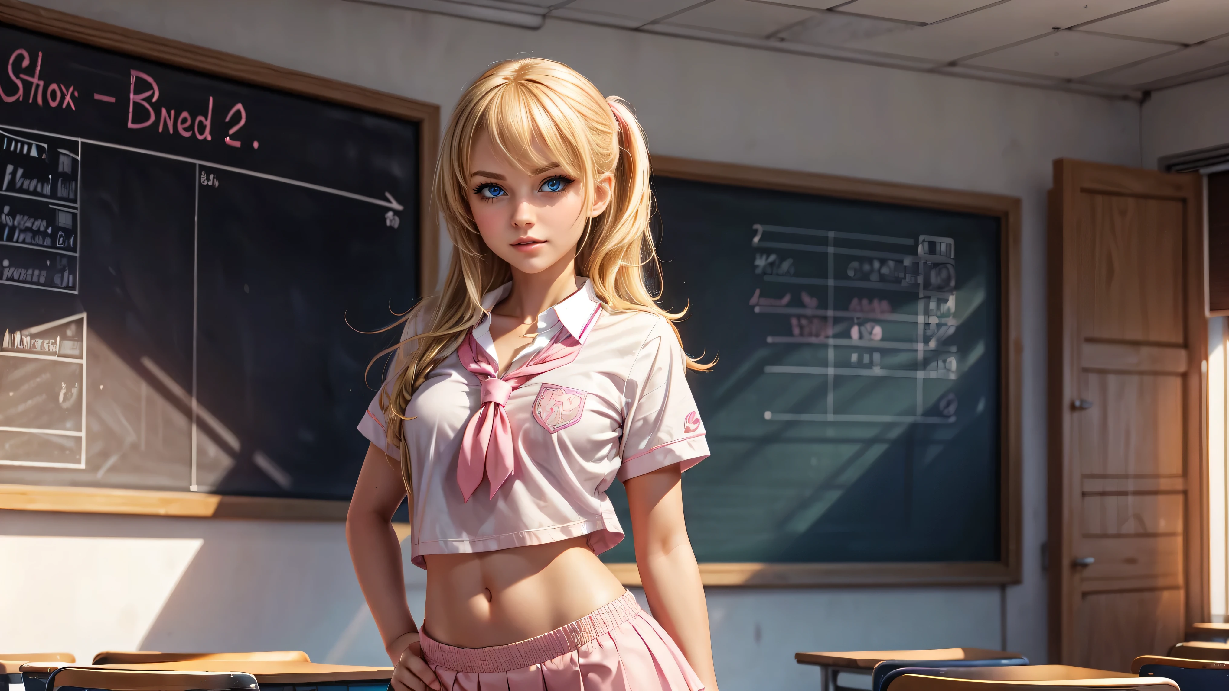 1girl, solo, single girl, young girl, Standing in a classroom, Cute blonde girl wearing revealing pink high-school uniform in classroom, sexy, petite, blue eyes, popular girl, standing in front of the chalkboard,
